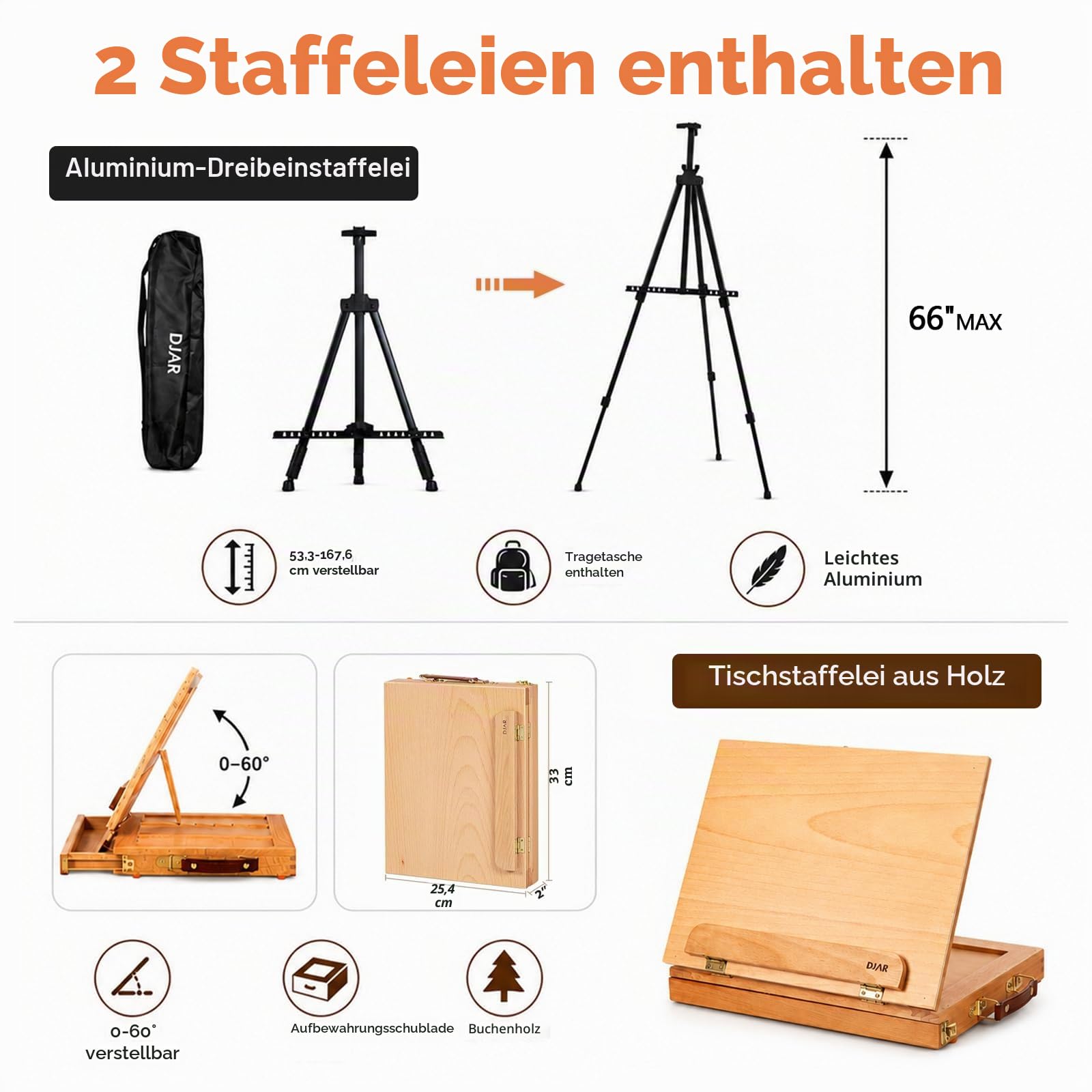 DJAR Professionelles All-in-One-Kunstmalerei-Set mit FSC-zertifizierter Staffelei aus Buchenholz, 96 Acryl-, Aquarell- und Ölfarben-Set, komplettes Malset für Erwachsene, Künstler, Anfänger, 174