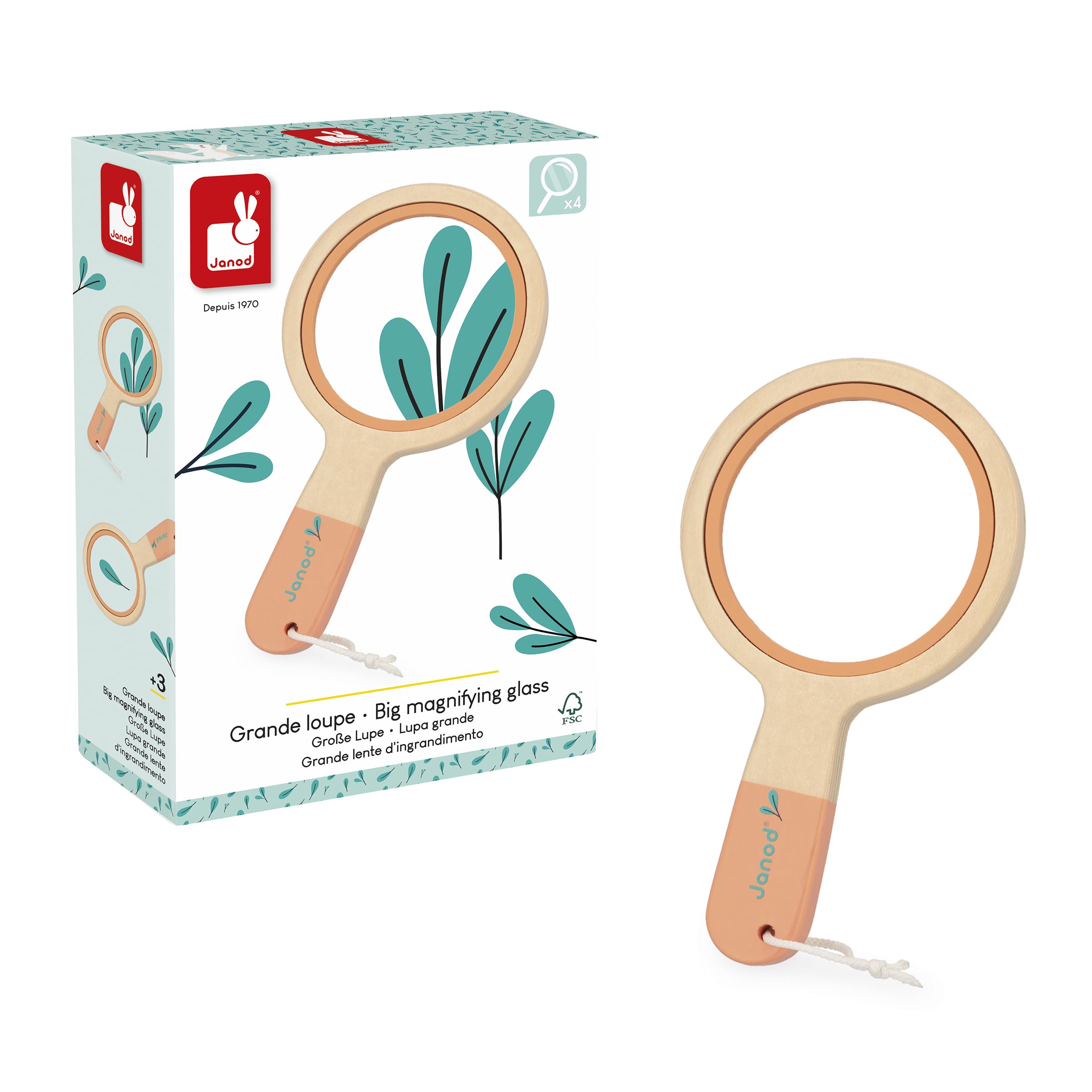 Janod - Large Wooden Magnifying Glass for Children Ages 3+ - 3.5x magnification - Designed for Garden Discoveries - Wooden Toy for Garden and Other Activities - Ages 3