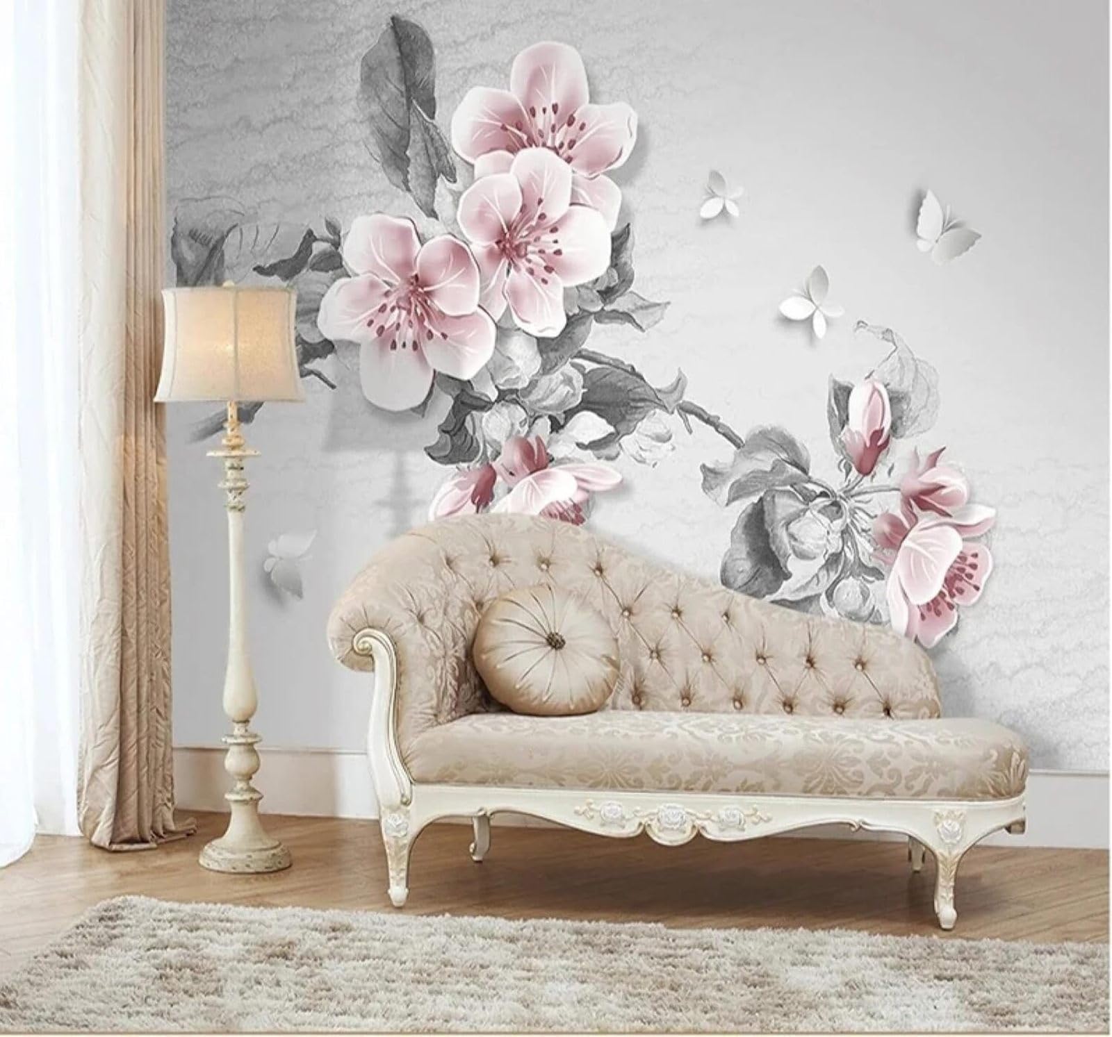 XLMING Hand Drawn Branches Pink Peach Blossoms Butterflies 3D Wallpaper Luxury Silk Study Dining Feature Sofa Grey Bedroom Living Room Tv Decorative Wall-150cm×105cm