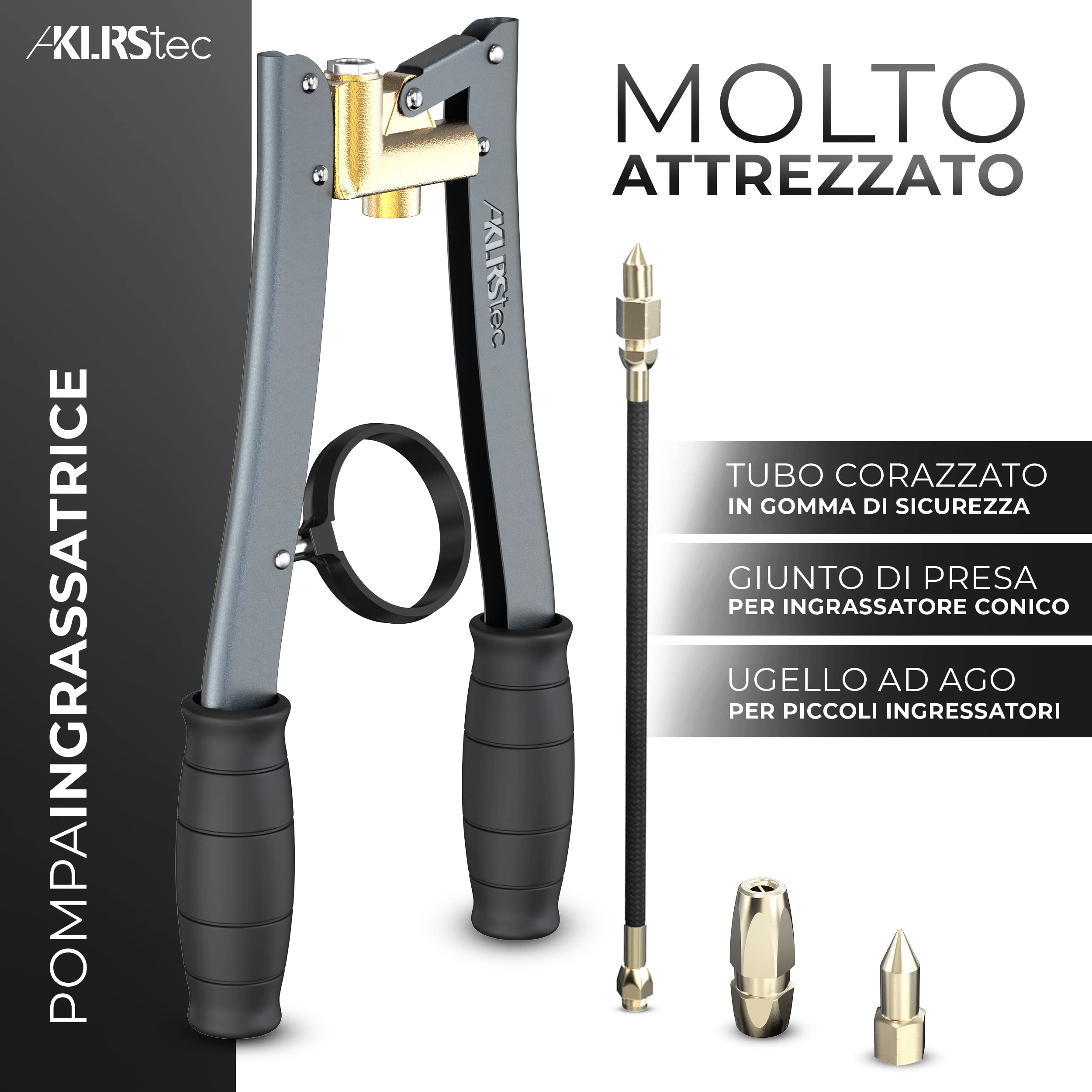 KLRS KLRStec® Premium Ingrassatore - ingrassatrice con Sistema ad Alta Pressione per ingrassatori a Corsa variabile con Giunto di Presa e Tubo ad Alta Pressione Incluso
