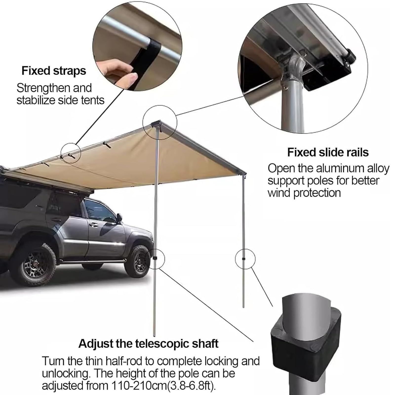 Tendalino Camper, Tenda Laterale Retrattile, Oxford 420D Impermeabile, Protezione UV50+ e Rivestimento PU 2000 Mm con Borsa, per SUV/furgoni/camion(160x250cm/5.2x8.2ft)