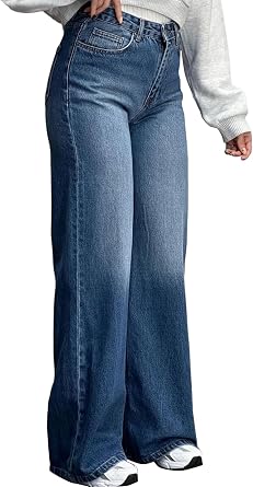 FairBeauty Womens Baggy Wide Straight Leg High Waist Denim Jeans