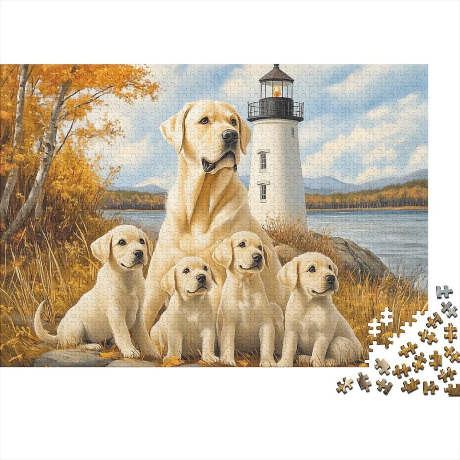 Labrador Dog Family 1000 Piece Jigsaw Puzzle Autumn Lighthouse Paper Adults