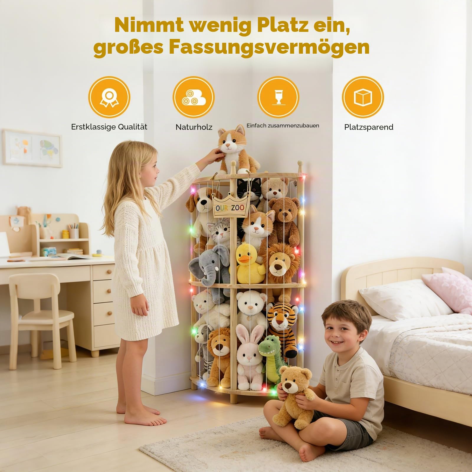 Ecke Holz Kuscheltier Aufbewahrung, FSC Robuste Stofftier mit Lichterkette, Stofftier Aufbewahrung für Spielzimmer Kinderzimmer Schlafzimmer Wohnzimmer 96 * 44cm