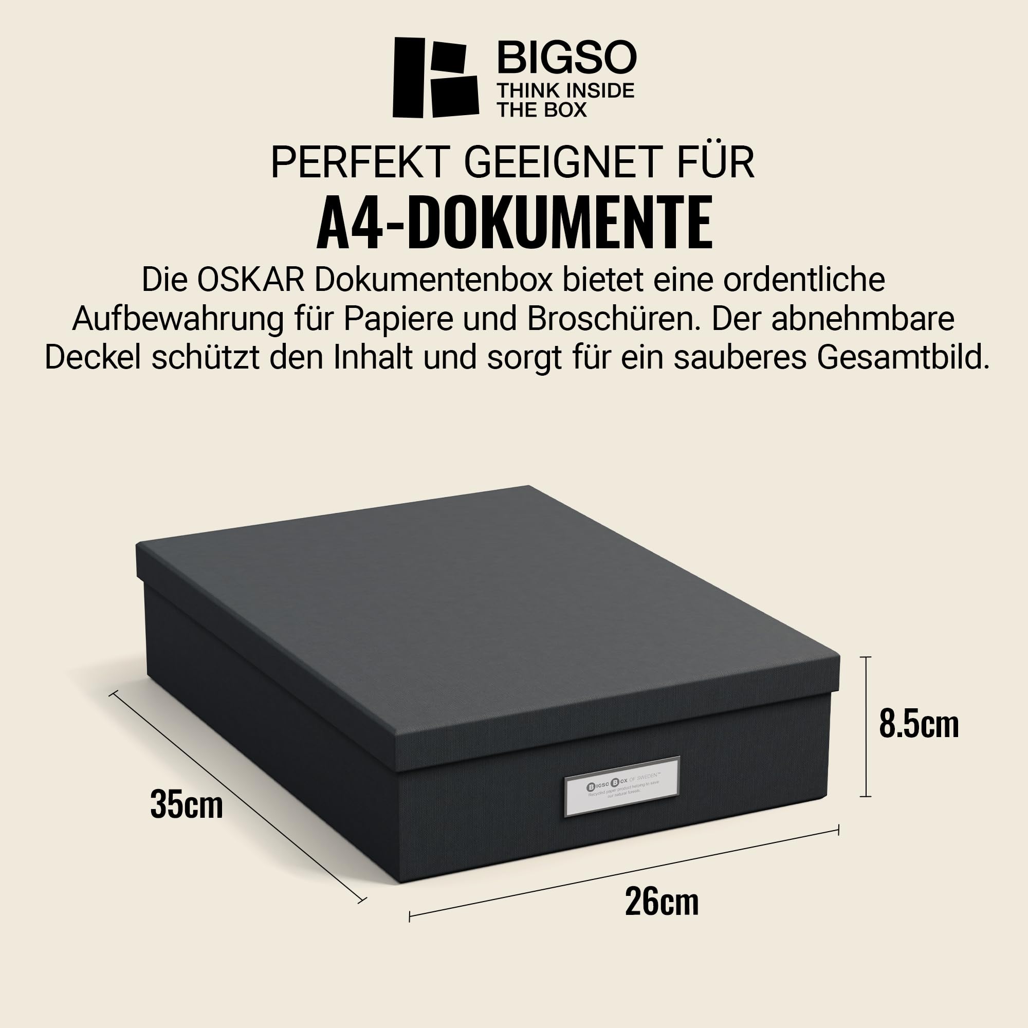 BIGSO BOX OF SWEDEN OSKAR Pudełko na dokumenty A4, broszury itd. – półka na biurko z pokrywką i uchwytem – pudełko do przechowywania z płyty pilśniowej i papieru – czarne