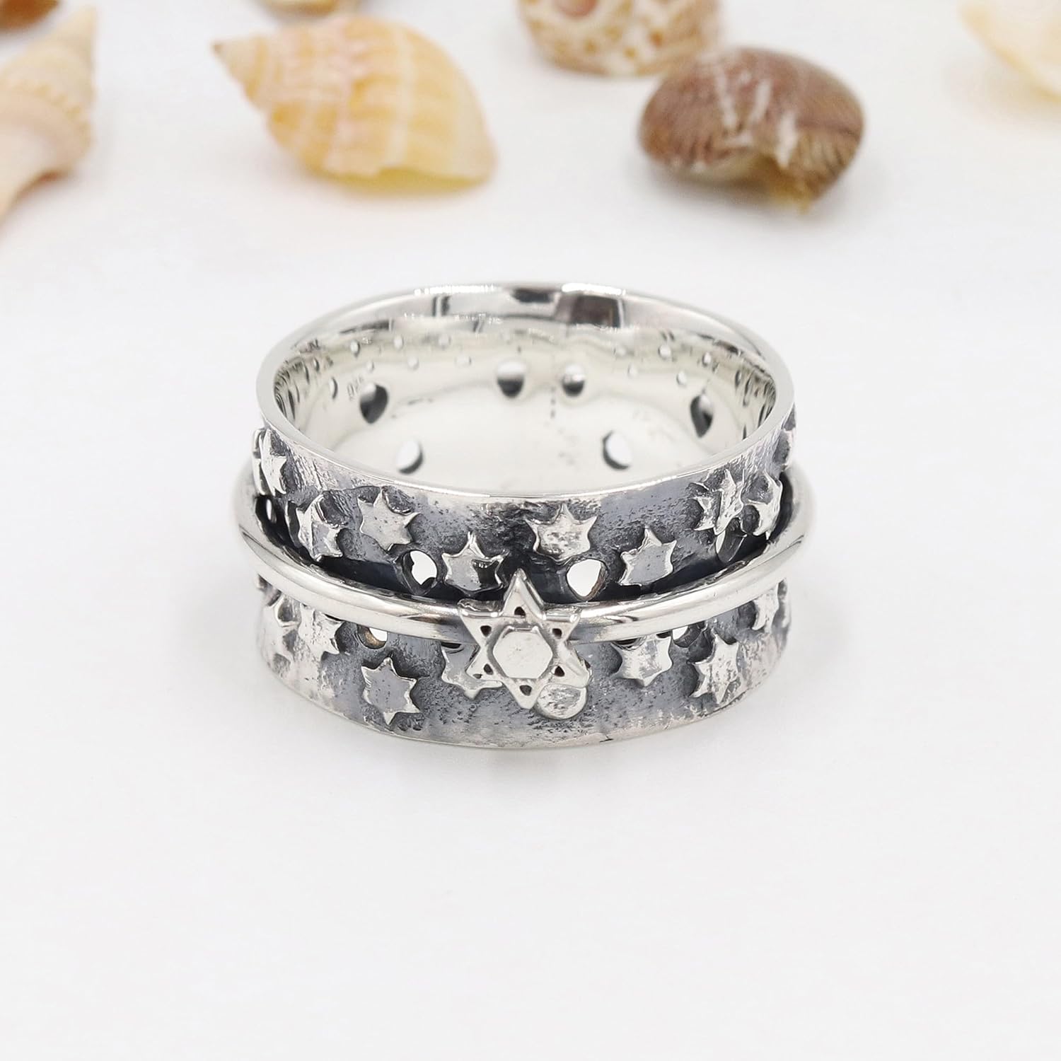 Unisex 925 Silver Star Design Hammered Spinner Ring – Anxiety Relief Fidget Jewelry for Men & Women