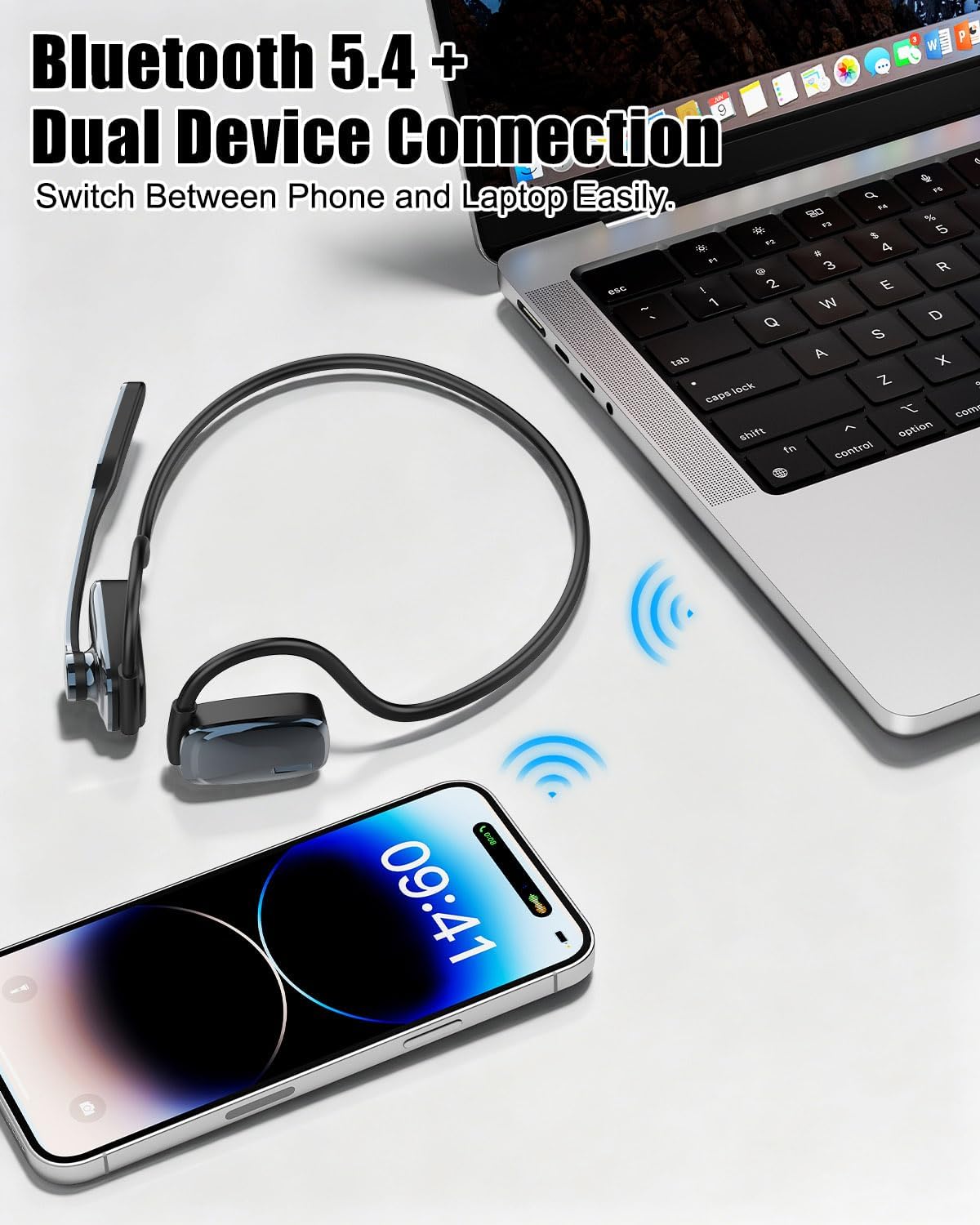 Open Ear Bluetooth Headset with Mic for Truckers Work Calls Running | ENC noise cancelling mic, 21g lightweight fit, up to 12H music time, 15.4mm drivers, dual device pairing and mute button
