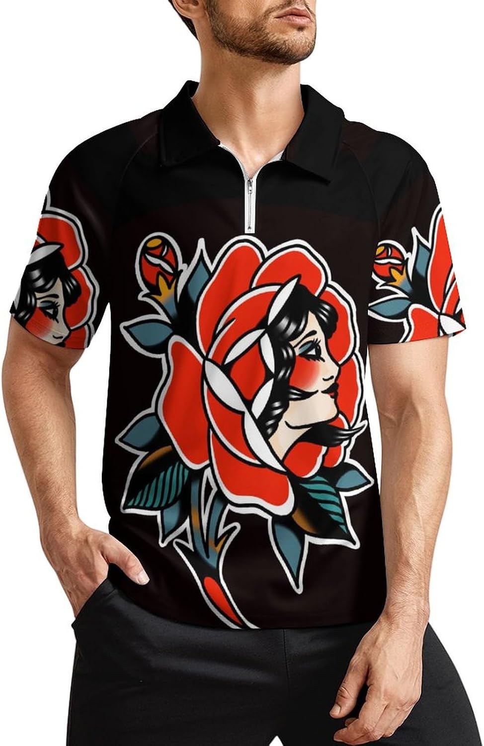 Classic Traditional Tattoo Printed Polo Shirt Casual Pullover Tops Short Sleeve Tee for Men