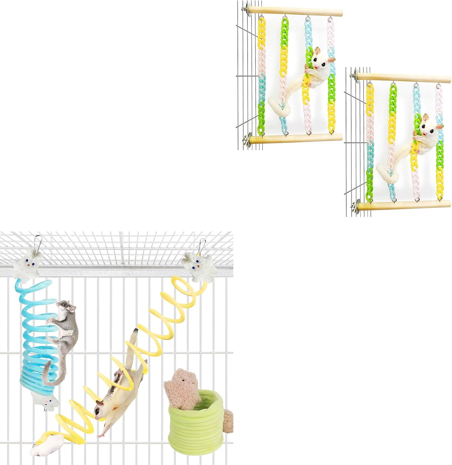Sugar Glider Activity Set - 3 Elastic Climbing Ropes and 2 Wooden Hanging Toys with Colorful Chains for Small Pets Cage Accessories Green Blue Yellow