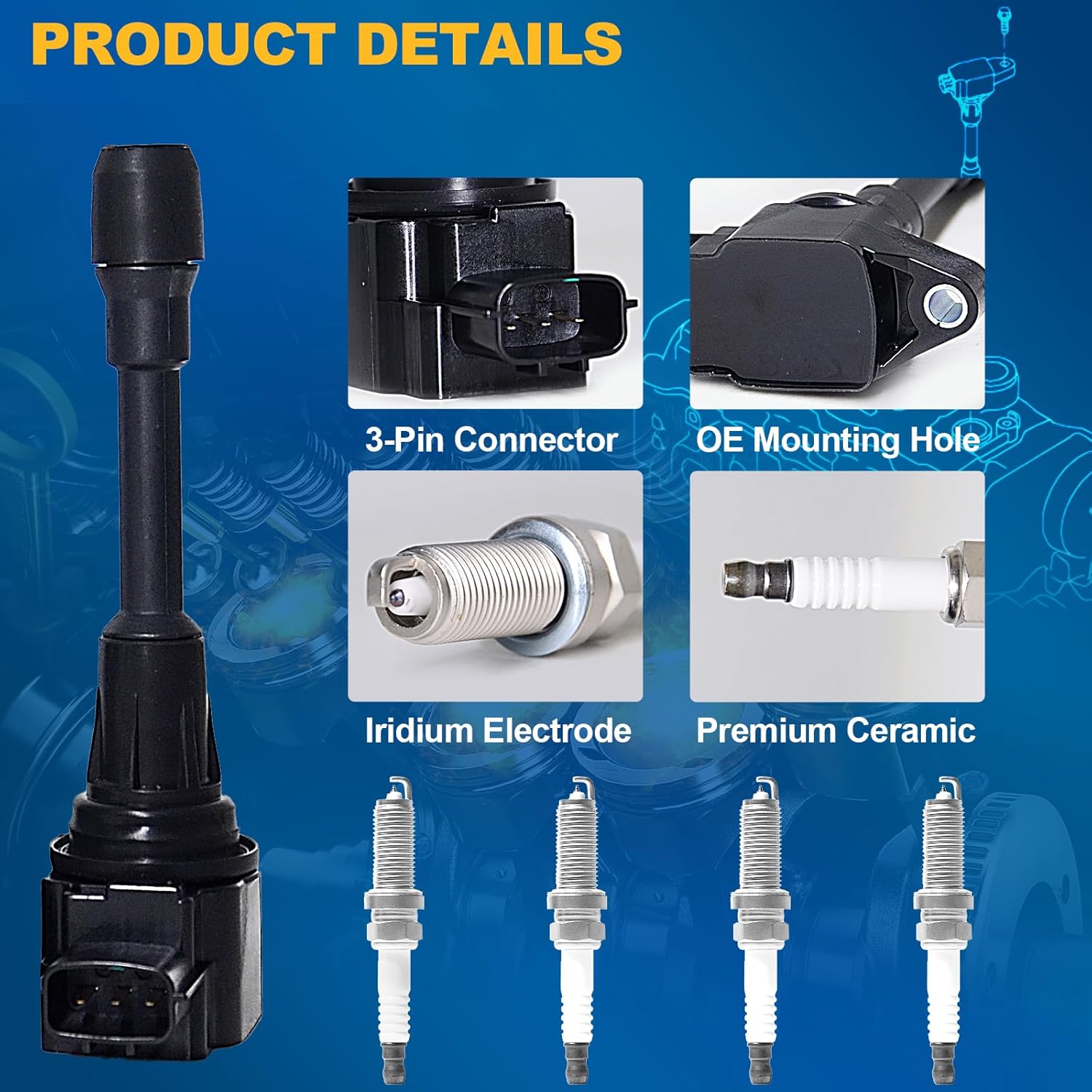 Ignition Coil Pack and Iridium Spark Plugs Kit Fits Nissan Altima Rogue Sentra Versa Cube Frontier 1.6L 1.8L 2.0L 2.5L L4, Replaces# UF549 & 9029
