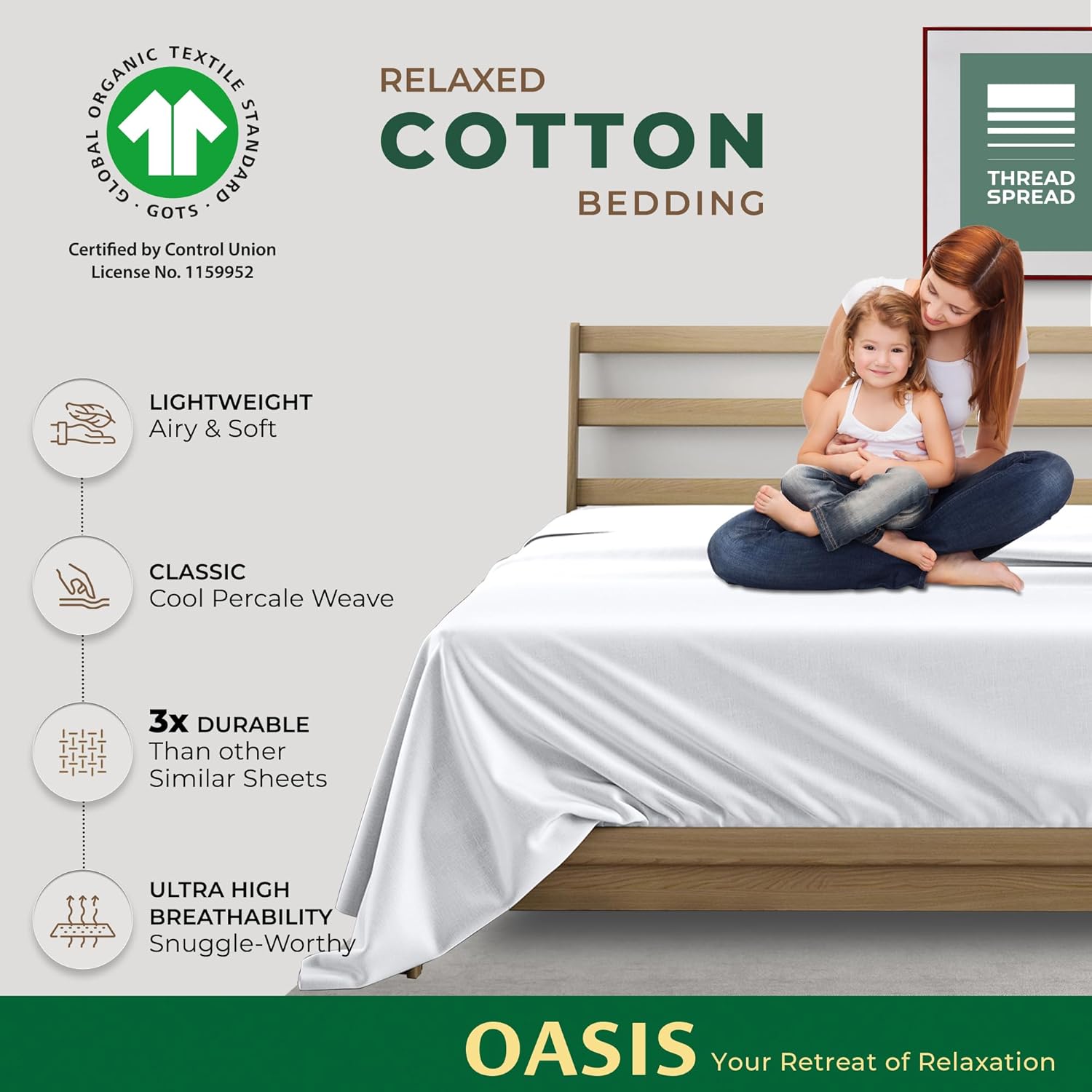 thread spread 100% organic cotton percale flat sheet king size - 1 pc flat sheet, white - crisp, cool and strong bed linen, top sheets for hot sleepers, luxury breathable gots certified sheets king white