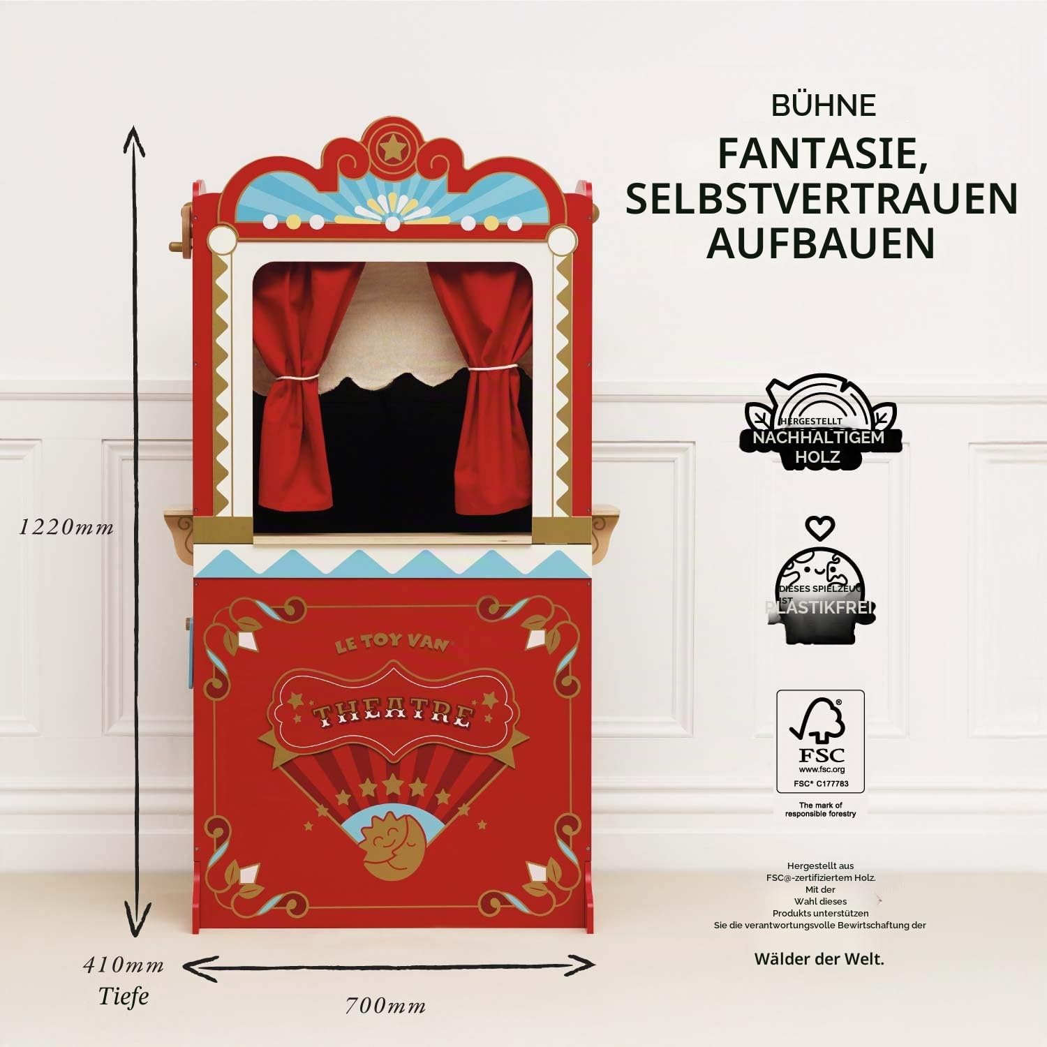 Le Toy Van - TV333 - Lernspiel ab 3 Jahren, große Holzpuppe und Puppentheater, 122 cm hoch, Montessori-Spielzeug, mit Wendeschild, 2 Tafeln, Vorhang mit echten Vorhängen
