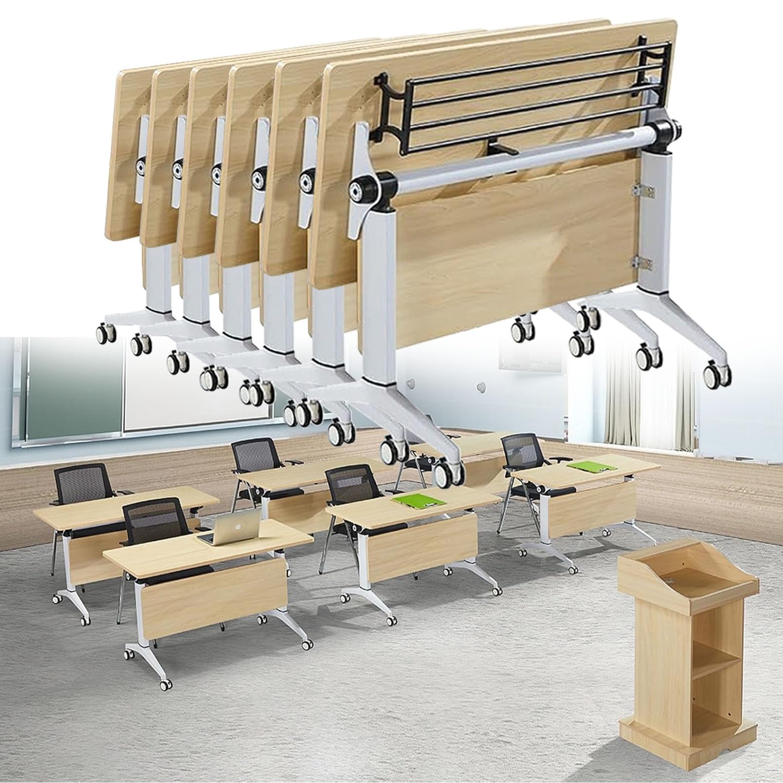 Tavolo da formazione pieghevole multiuso – Piano ribaltabile, 4 ruote piroettanti, acciaio laminato a freddo resistente – Tavolo da seminario pieghevole per sala riunioni, sessioni di formazione, sp