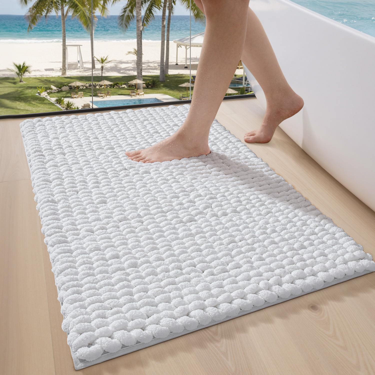 LUMI Luxury Chenille Bath Mat, Ultra Soft Non Slip Thick Bathroom Rug, Machine Washable Quick Dry Rugs, Cozy Braid Design Floor Mat for Bathtub, Sink, Laundry, White, 50x80cm
