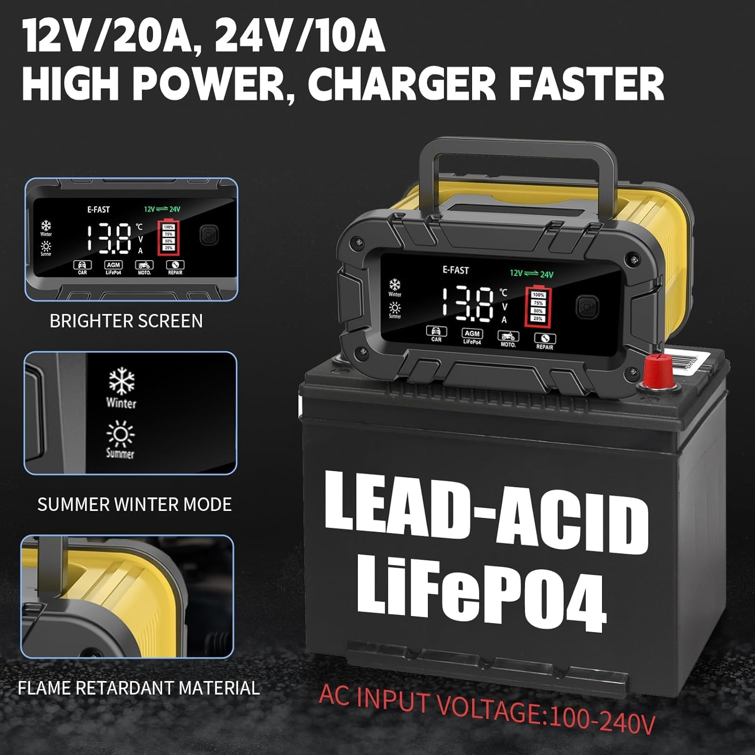 E-FAST 20A Smart Car Battery Charger, 12V 24V Maintainer & Desulfator - Compatible with LiFePO4 Lithium, AGM, Gel, SLA, Deep Cycle - High-Power Trickle Charger for Car, Truck, RV, Boat, Marine