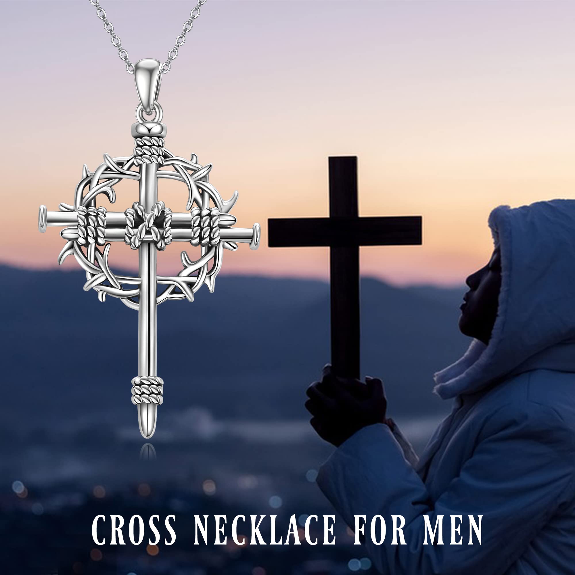 ONEFINITY Collar de cruz de uñas de plata de ley 925 con colgante de crucifijo de espinas, Cadena, Joyería religiosa, Regalos de cruz para hombres y mujeres, Plata esterlina