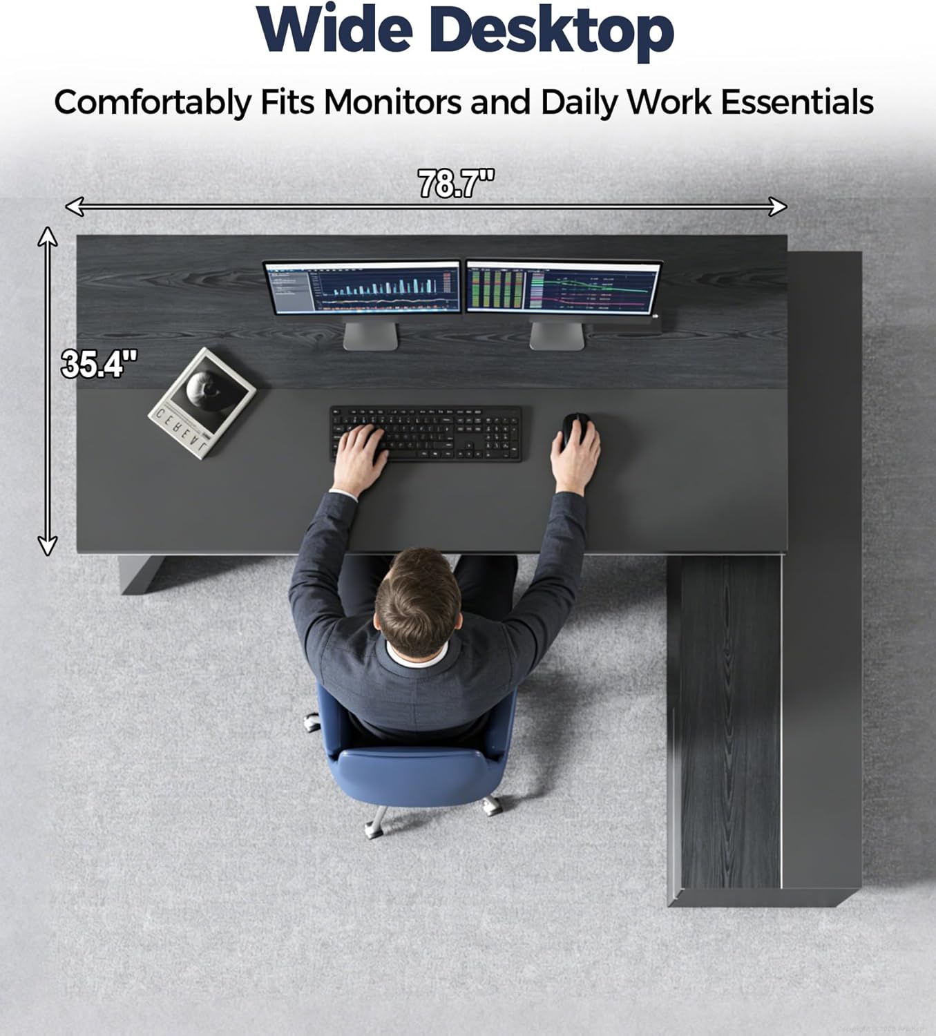 87" L-Shaped Black Executive Desk with Drawers, Large Modern Executive Office Desk with Storage Cabinets, Power Outlets, Wide Desktop & Cooling Vents for Home or Business (Right-Facing Cabinet)