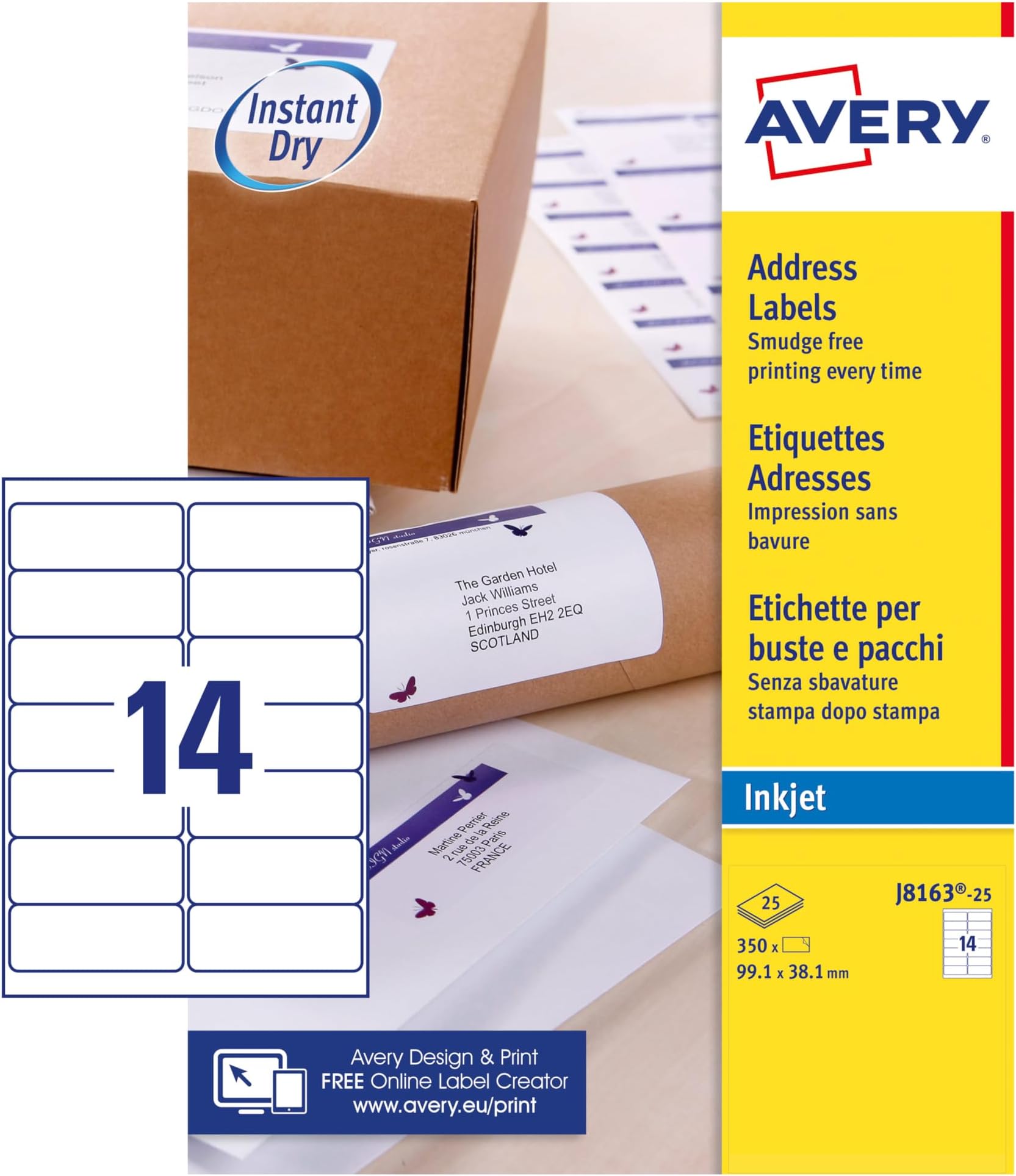 Self Adhesive Address Mailing Labels, Inkjet Printers, 14 Labels per A4 Sheet, 350 labels, QuickDRY (J8163-25) White