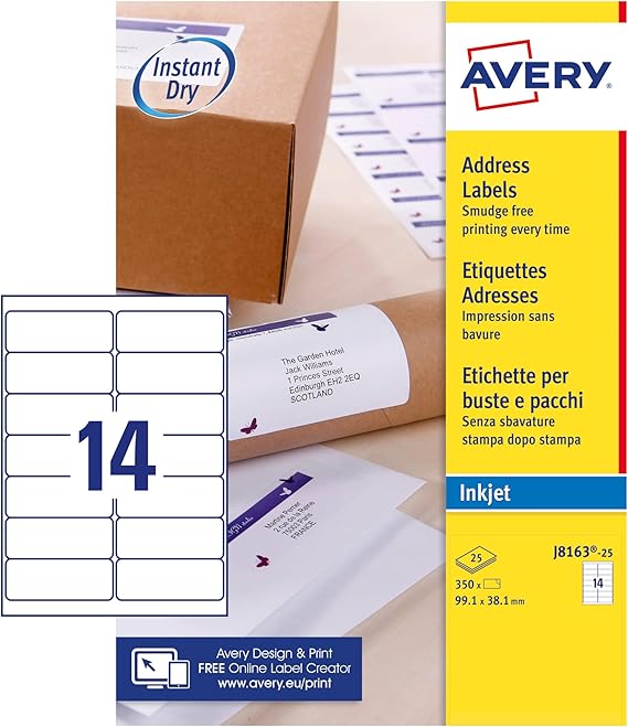 Avery Self Adhesive Address Mailing Labels, Inkjet Printers, 14 Labels per A4 Sheet, 350 Labels