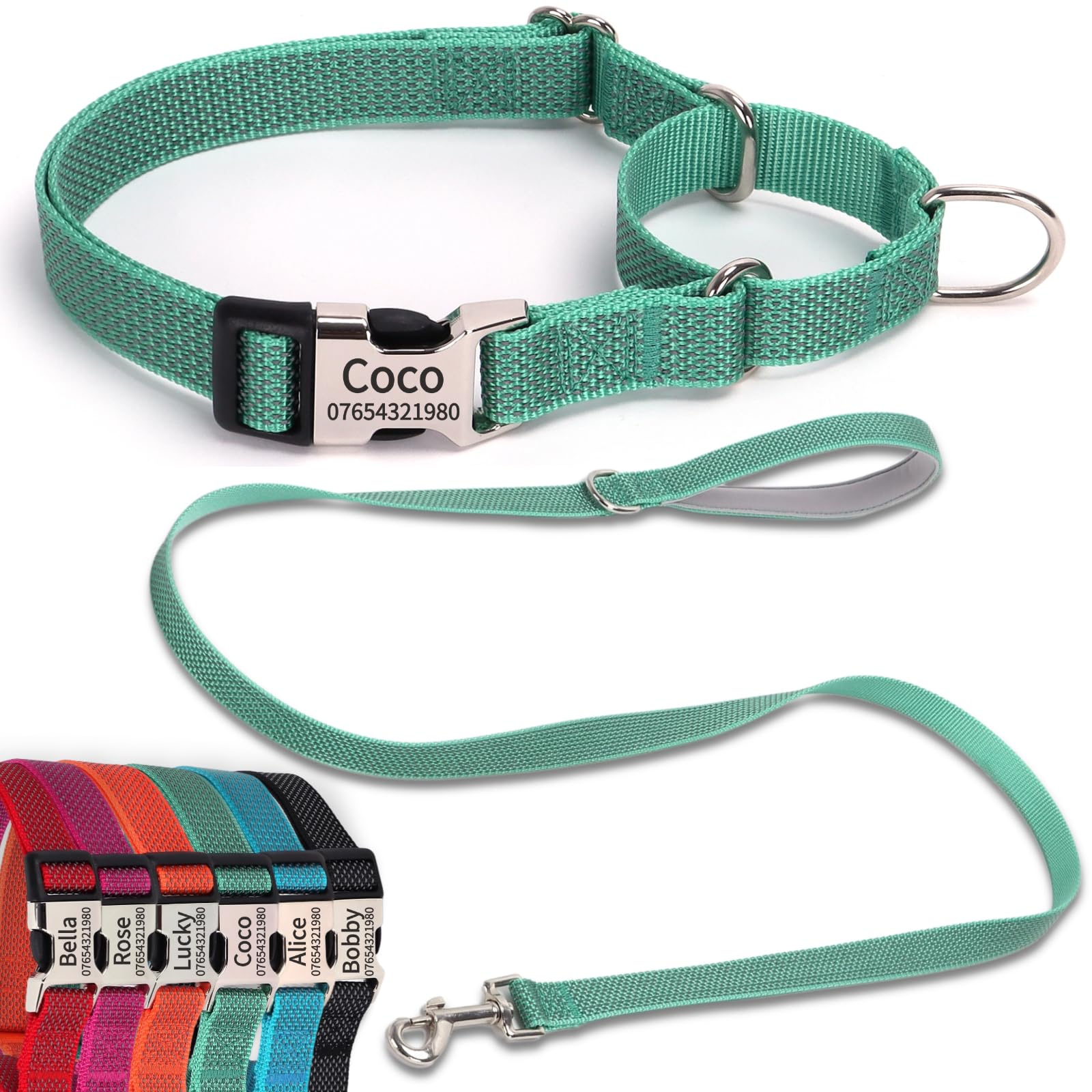 SEOUGEE Martingale Dog Collar Personalised and Lead Set, Reflective Nylon Anti-choke Dog Collars and Leash with Custom Engraved Buckle, Walking Training for Small Dogs (XS Forest Green Set, 25-30cm)