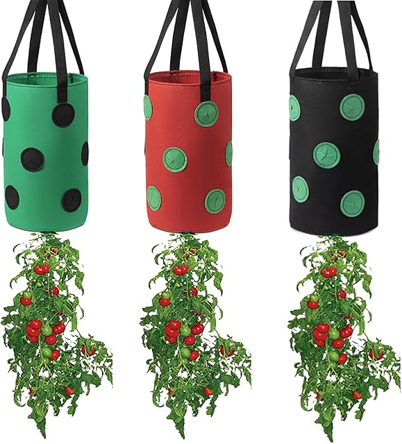 FGYZYP Garden Hanging Tomato Strawberry Planting Grow Bag, 3 Pcs Multi-color Upside Down Vegetable Planter with 12 Grow Holes & Handle, Grow Hanger Bag for Tomato Chili Strawberry Fruit House Garden