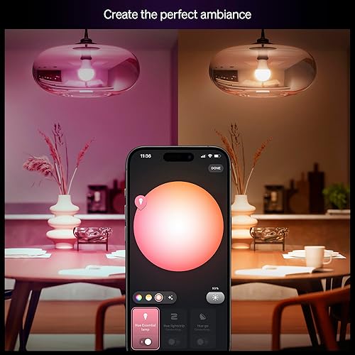 Vista 3 de Philips Hue Essential - Bombilla LED inteligente A19, ambiente blanco y color, base E26, 8.8W, 2200K-6500K, 800 lúmenes, regulable, funciona