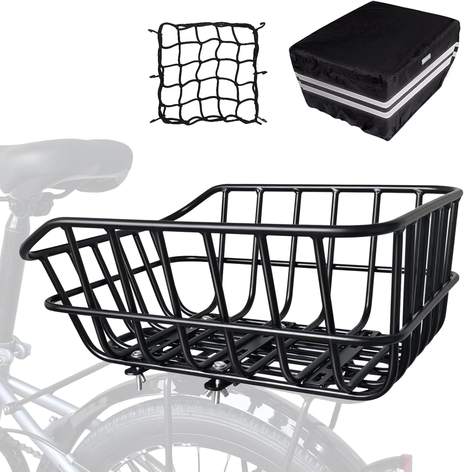 RAYMACE Bike Basket Rear with Cargo Net and High Reflectivity Waterproof Cover,Bicycle Baskets for Adult Bikes,Easy to Install and Large Capacity Bike Accessories