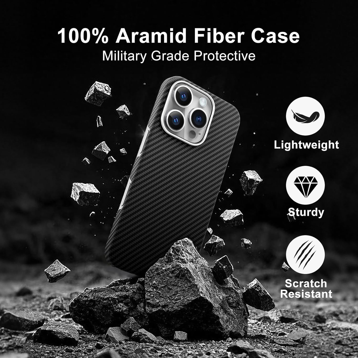 Real Aramid Fiber Case for iPhone 16 Pro [6.3 inch] Compatible with MagSafe,1500D Aramid Weave,Thin & Light with a Caseless Feel,Carbon Fiber Textures Design Kevlar Protection (Black-SW)