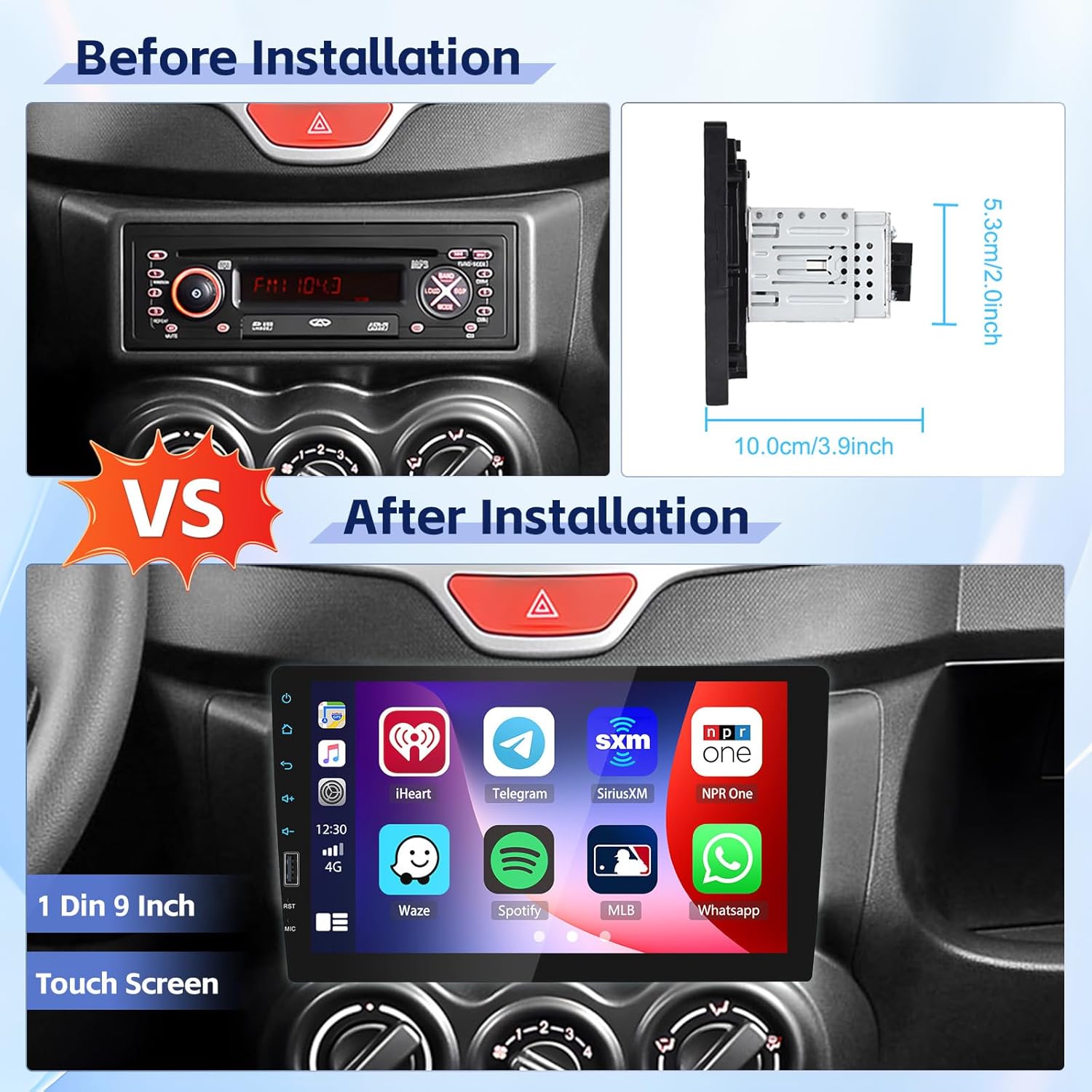 9 Inch Single Din Car Stereo Wireless Carplay Android Auto, 1 Din Touch Screen Car Radio FM AM Audio Receiver with Bluetooth EQ SWC Mirror Link, Backup Camera Mic