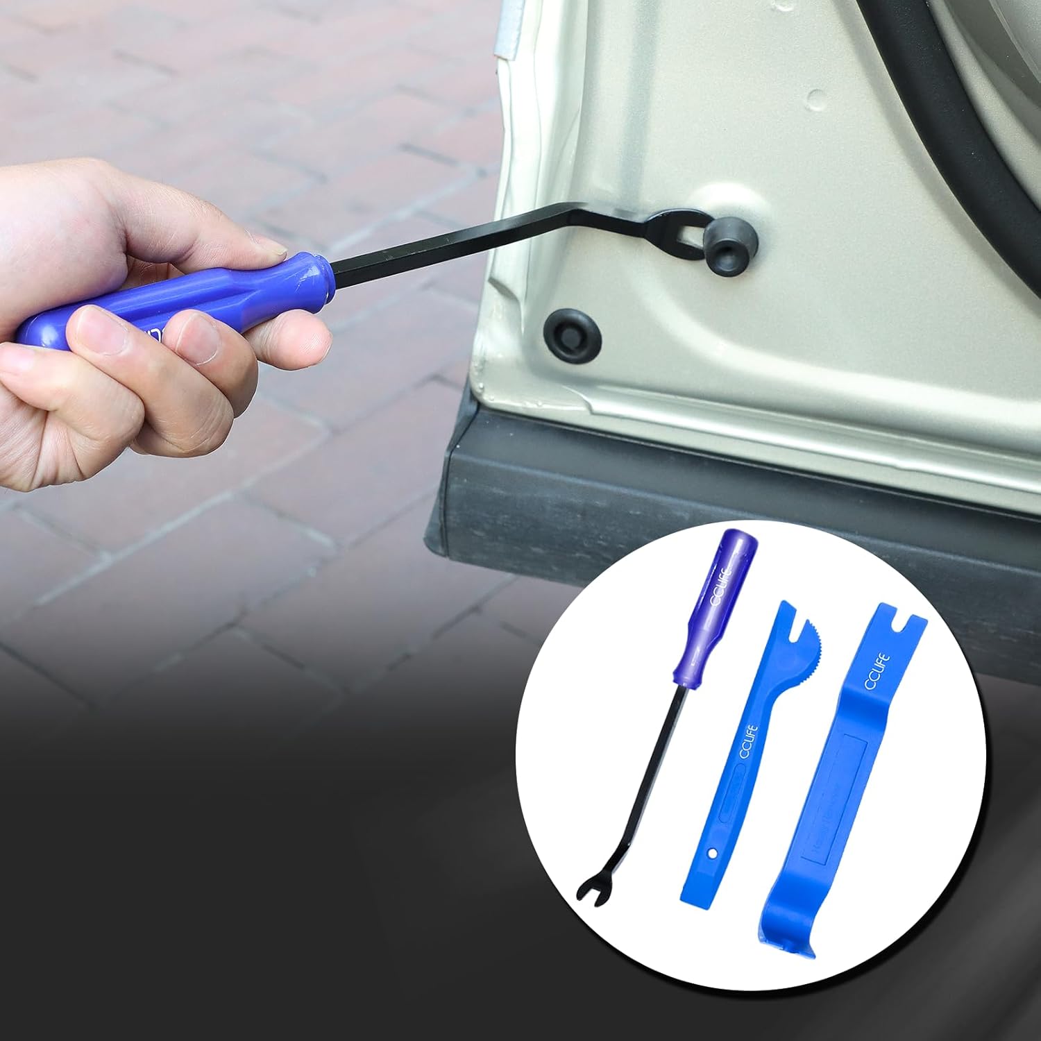 Image showing a user employing a metal clip removal tool to detach a plastic fastener from a car's door frame, highlighting its effectiveness for stubborn clips.
