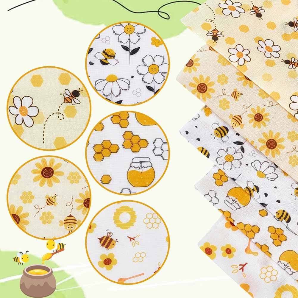WADORN 5Pcs Yellow Bee Floral Quilting Fabric Bundles Honeycomb Flower Precuts Quilting Patchwork Polycotton Craft Printed Sewing Material for DIY Sewing Home Spring Party Holiday Decor, 18x20 Inch image 3