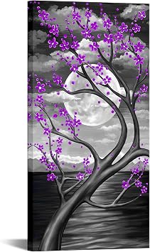 KREATIVE ARTS Purple Flower Tree Wall Art for Bedroom Cherry Blossom Tree in Full Moon Night Landscape Canvas Prints Artwork for Home Wall Decoration Ready to Hang Vertical 20x40inch Purple