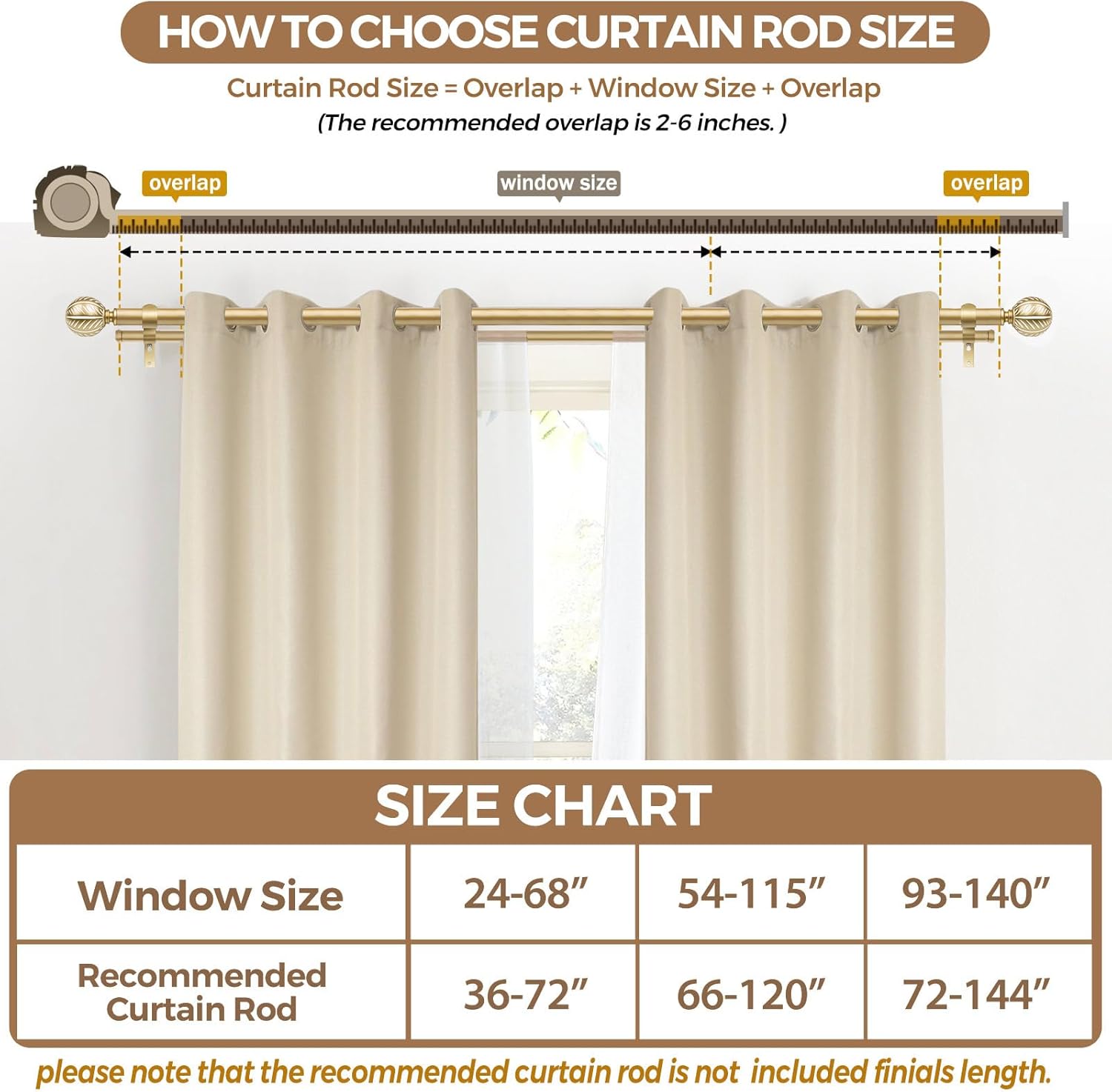 KAMANINA 1 Inch Wood Double Curtain Rods for Windows 36 to 72 Inches (3-6 Feet), Boho Heavy Duty Decorative Curtain Rods, Wooden Drapery Rods with Leaf Pattern Finials, Gold