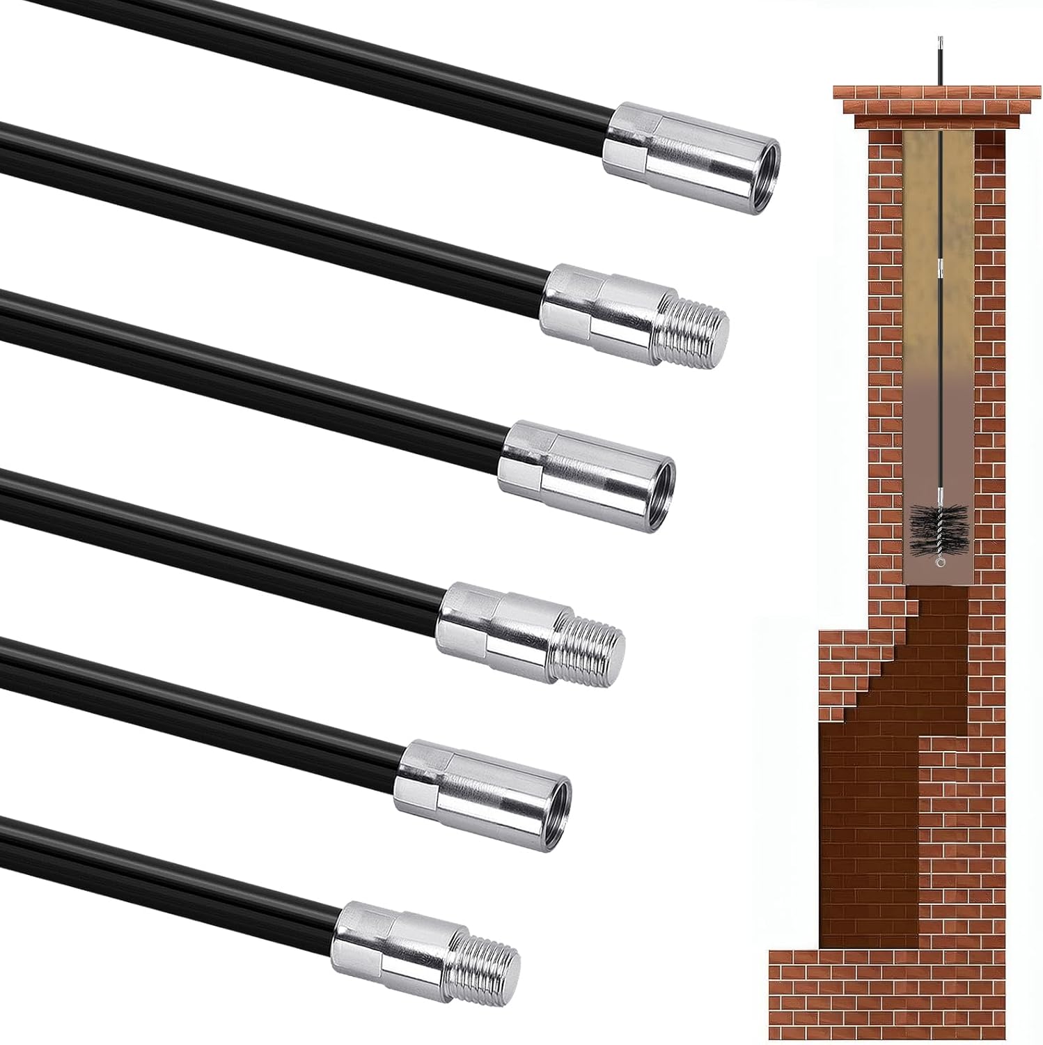 18FT Fiberglass Chimney Cleaning Rod - Chimney Brush Rod for 1/4" NPT Brushes, Extension Rods for Hearth Fireplace, 3FT × 6Pcs 18 FT