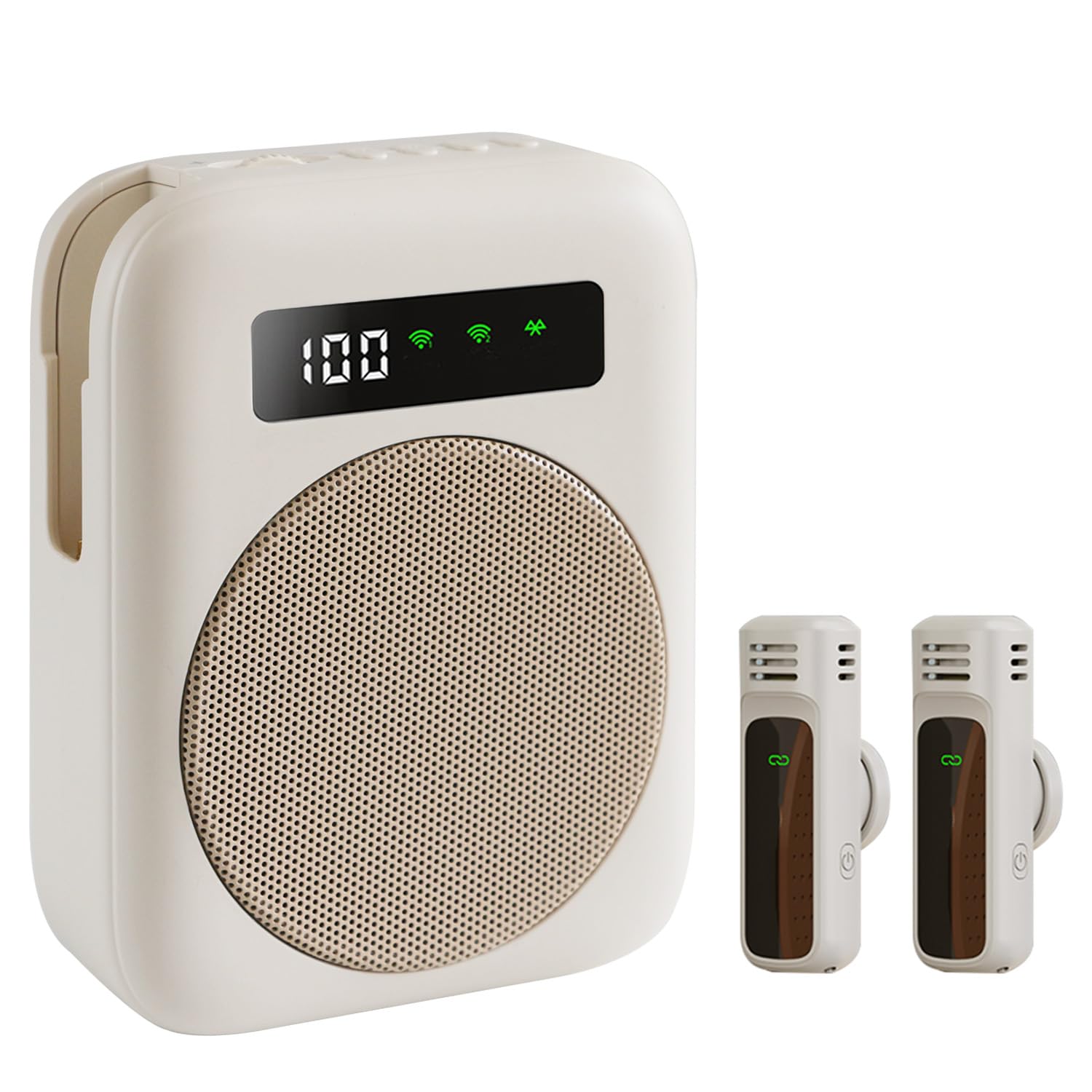 Amplificateur de Voix sans Fil Portable, Mini Amplificateur Vocal avec 2 Microphones à Revers, Beige