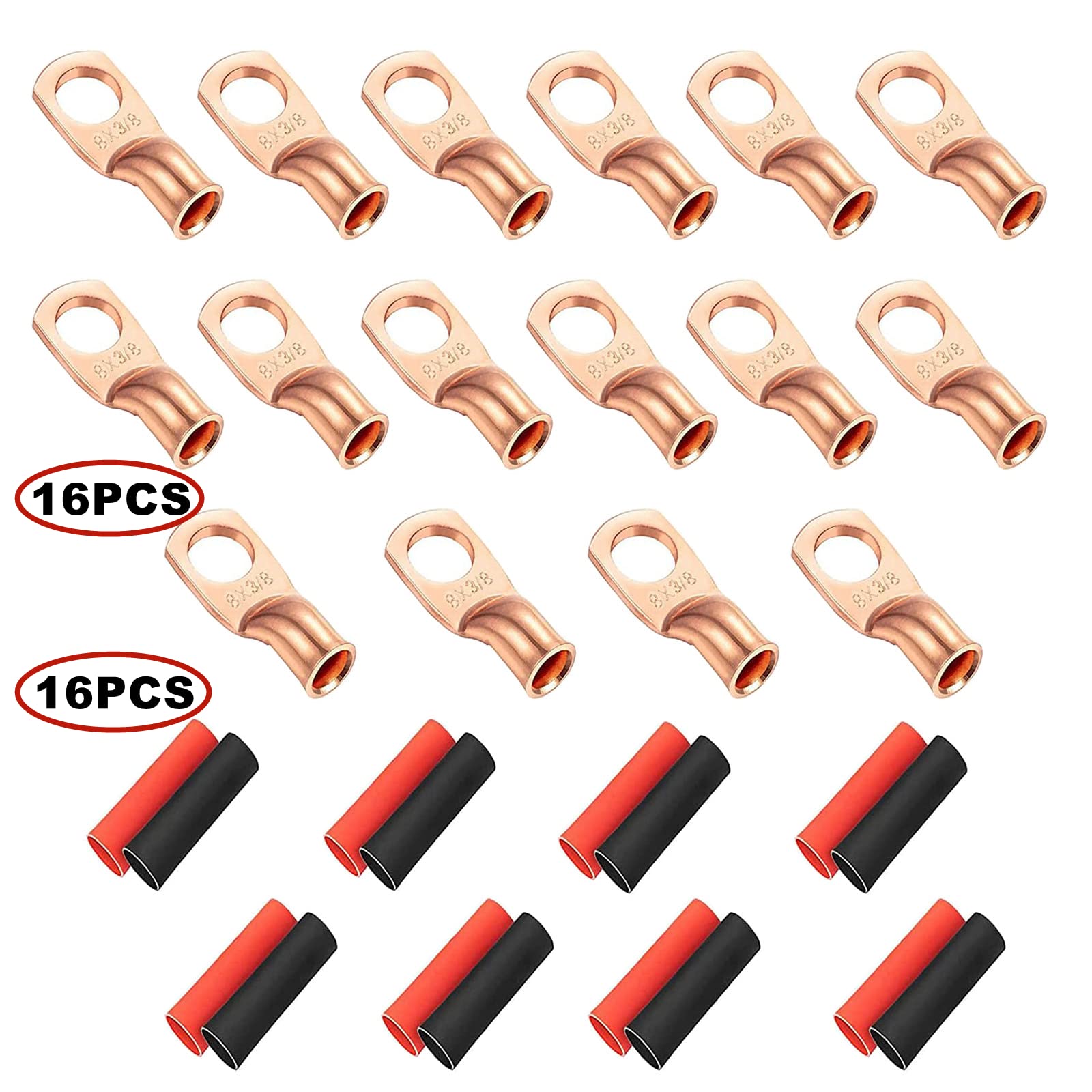 HUAZIZ 32 piezas Conectores de Terminales de Alambre de Cobre, con termoencogimiento, 16 piezas Tapones de Cable de Batería con 16 piezas Tubos Termorretráctiles