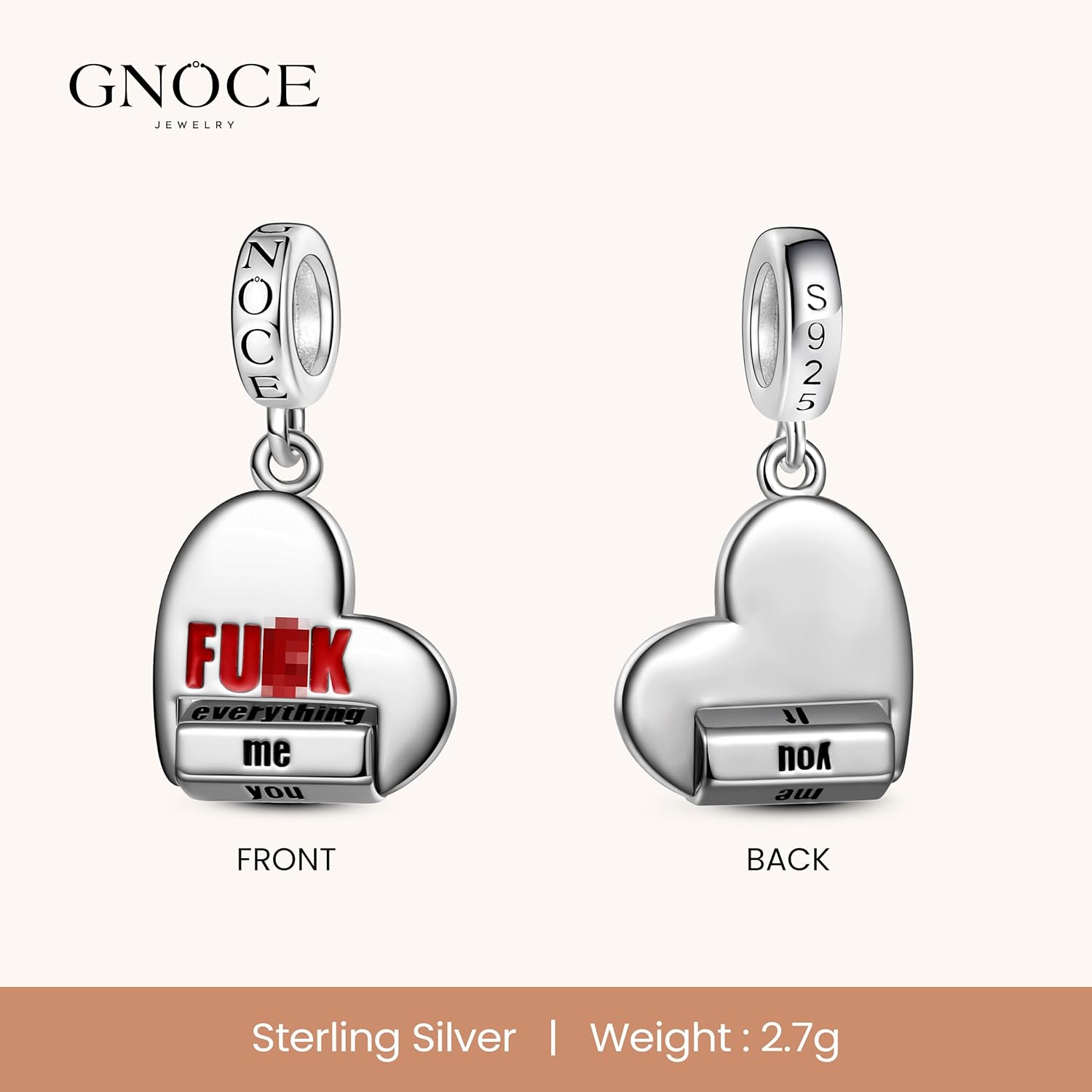 GNOCE Heart Rotating 'FUCK' World Pendant Dangle Charm Bracelet for Women, S925 Sterling Silver Dangle Charms for Women Wife, Valentine‘s Day, Mother’s Day Jewelry