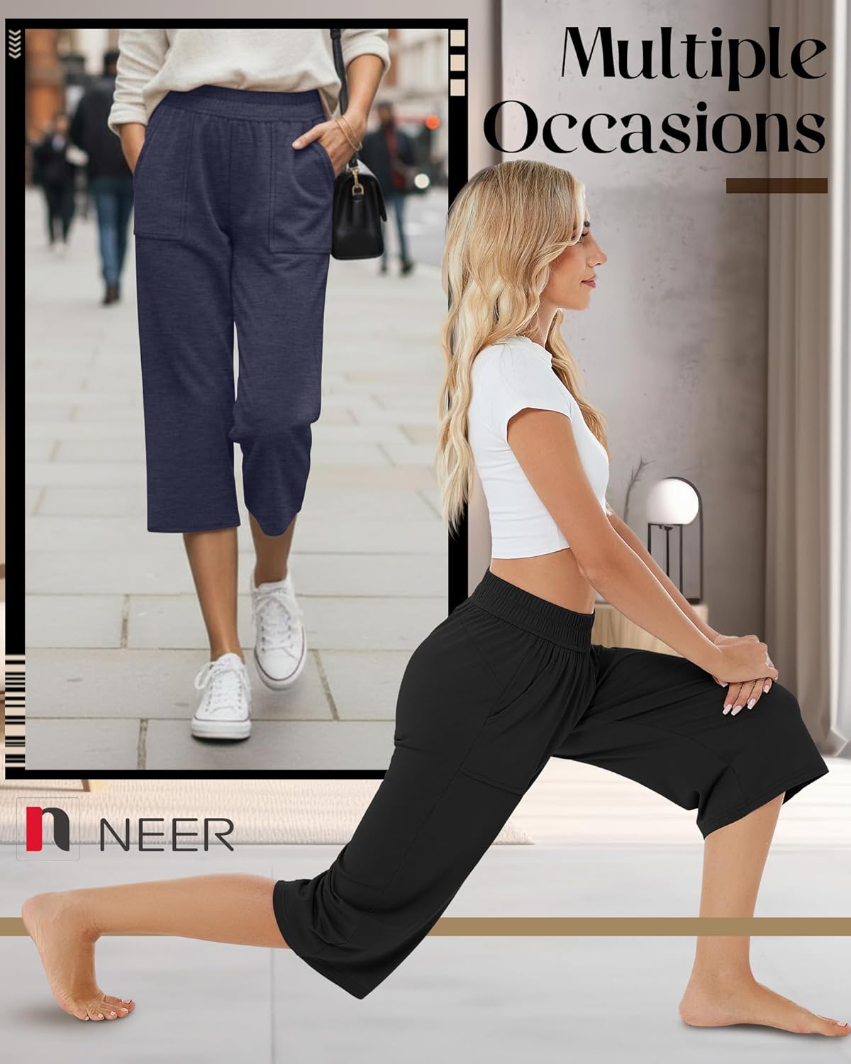 Neer 3 Pack Women's Capris Pants Cotton Wide Leg Sweatpants Lounge Casual Loose Fit Cropped Jogger Yoga Pant with Pockets - Image 6