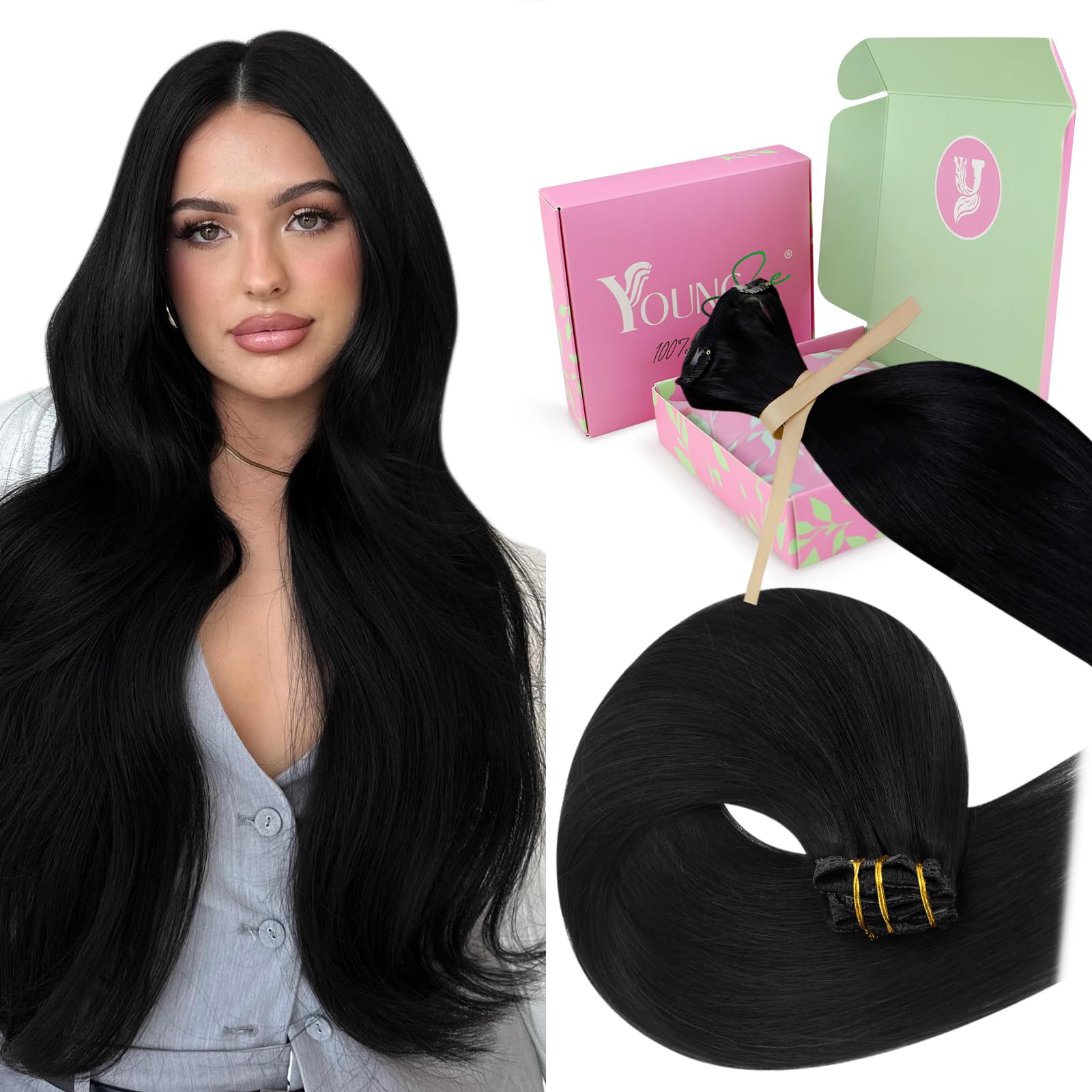 YoungSee Clip in Human Hair Extensions Black 12inch 80g 7pcs Human Hair Clip in Extensions Jet Black Short Straight Human Hair Extensions Clips in for Women Separate Pieces Invisible