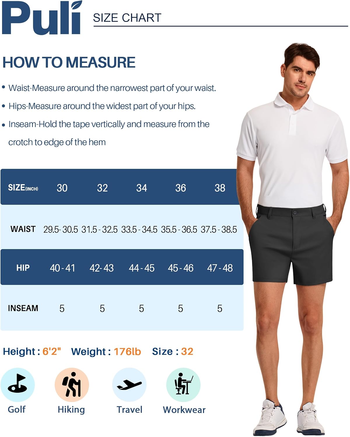 PULI Golf Shorts Men 5 Inch Inseam Relaxed Fit Stretch Dress Lightweight Casual Travel Quick Dry Summer Shorts