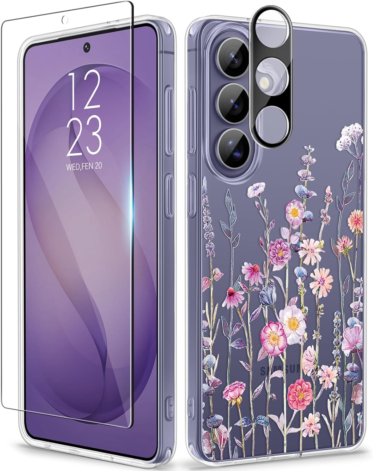 GVIEWIN Bundle - Compatible with Samsung Galaxy S26 Floral Case (1-Floratopia/Colorful) + Magnetic Phone Ring Holder (Glitter/Purple)