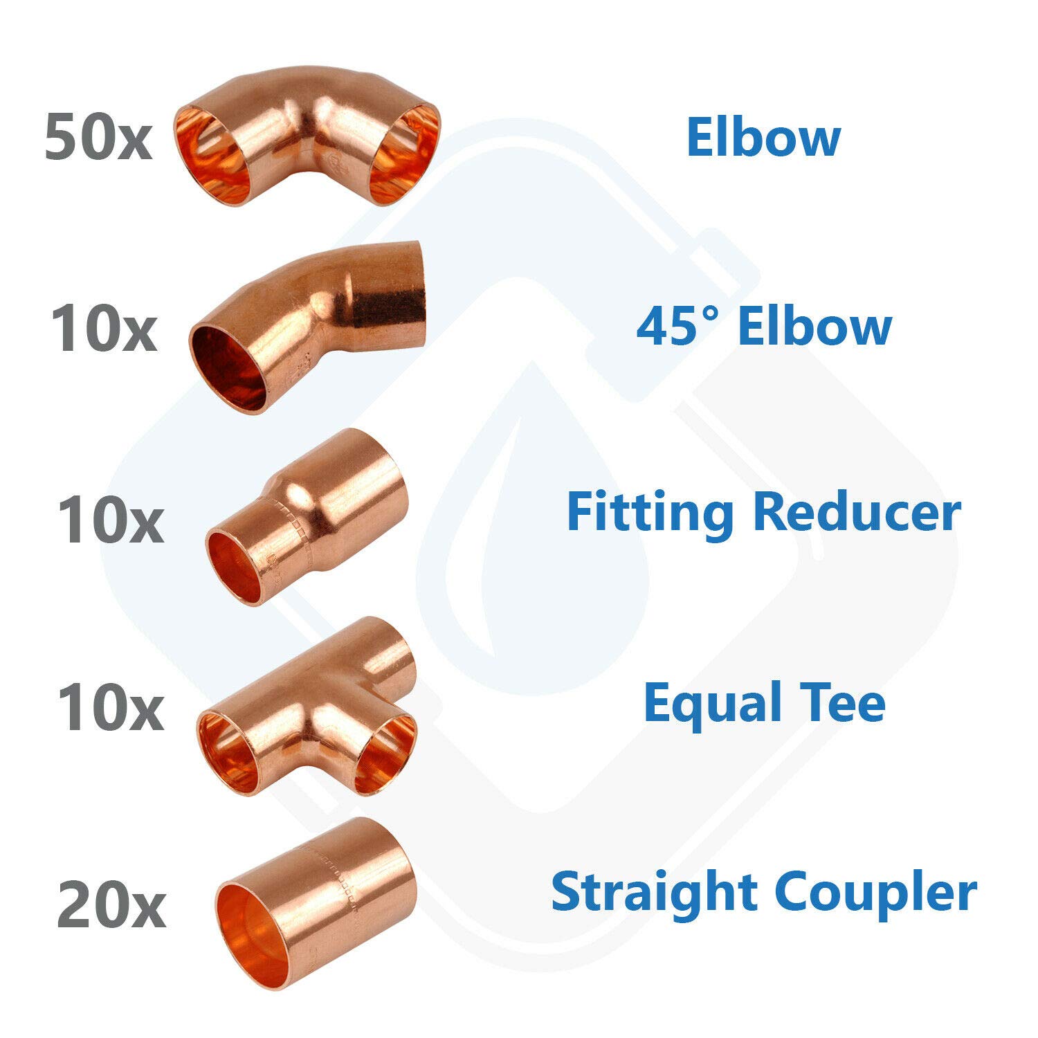 Pipestation 15mm Copper Plumbing Fittings Multipack Includes 50 X 90 Degree Elbows 10 X 45 Degree Elbows 10 X Fitting Reducers 15 10 Mm 10 X Equal Tee 20 X Straight Connectors