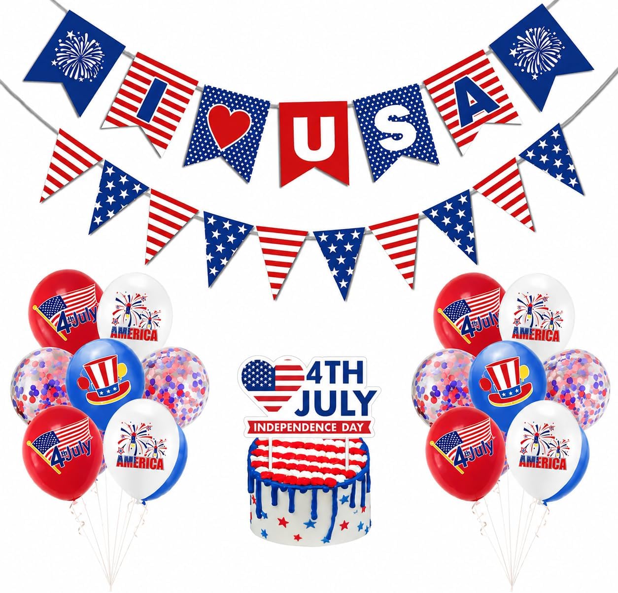 Fourth of July Decoration - 4th of July Balloons and Banner Decorations Set for Patriotic Party Supplies with I Love USA Banner, Bunting, 22 Balloons, Cake & Cupcake Toppers for USA 250th Independence