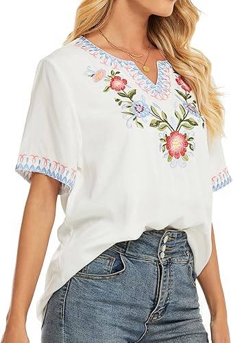 Miniatura 3 de Higustar Blusas bordadas mexicanas blancas para mujer, camisa floral campesina, ropa bohemia tradicional, blusa tipo túnica para fiesta