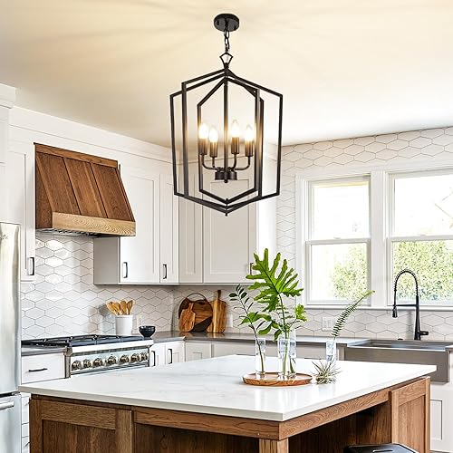 Miniatura 4 de Lámpara colgante de 4 luces, moderna lámpara de entrada de granja, acabado negro mate, lámpara colgante para dormitorio, comedor, vestíbulo, pasillo.
