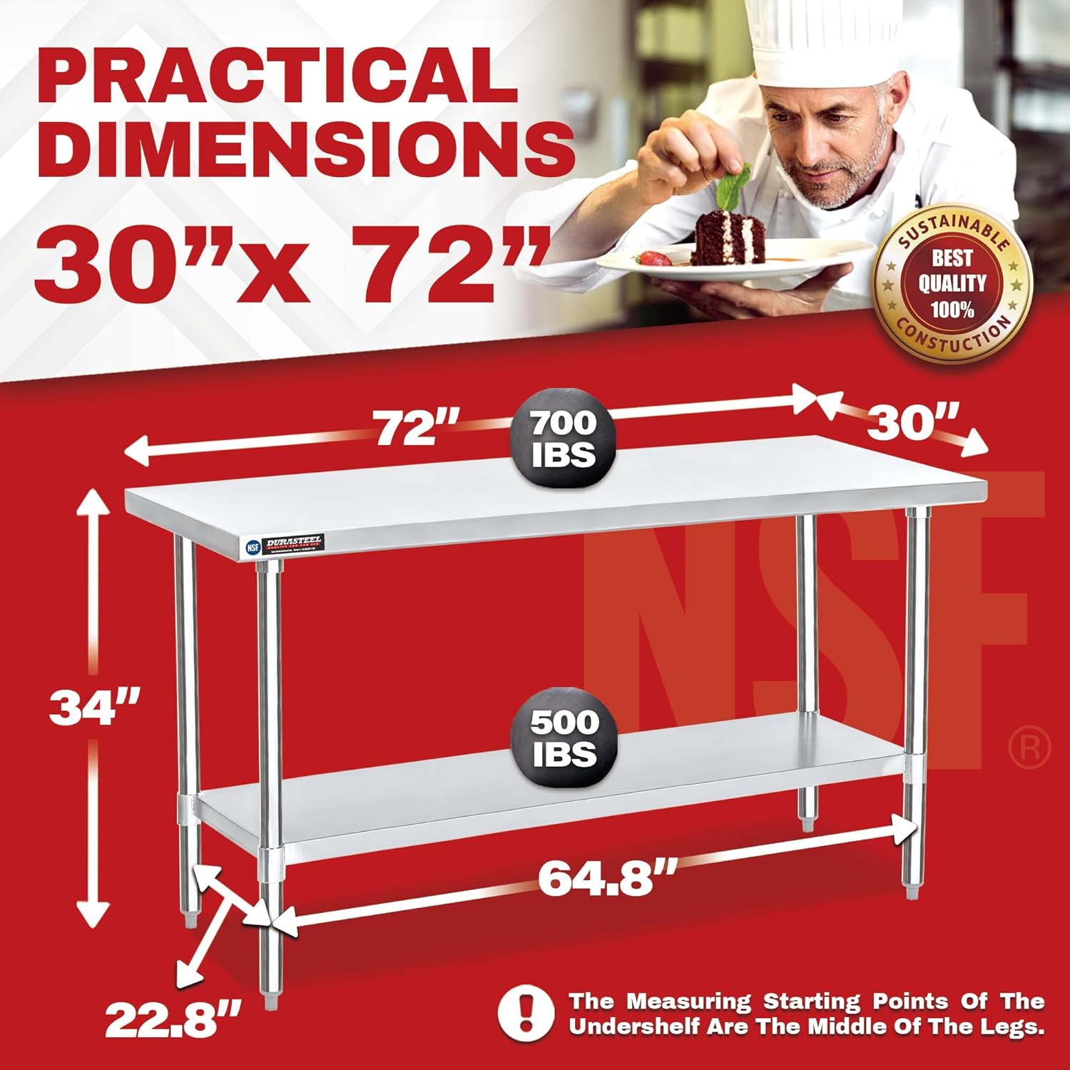 Food Prep Stainless Steel Table - DuraSteel 30 x 72 Inch Commercial Metal Workbench with Adjustable Under Shelf - NSF Certified - For Restaurant, Warehouse, Home, Kitchen, Garage : Industrial & Scientific