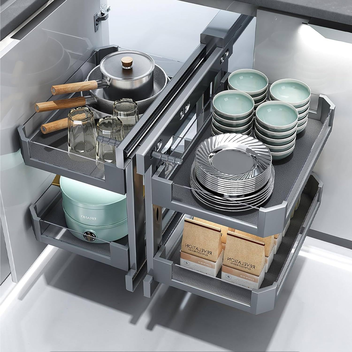 Extraíble ciego esquina organizador con 2 niveles y 4 estantes cestas de metal para cocina o baño almacenamiento optimizado ahorra espacio fácil acceso.