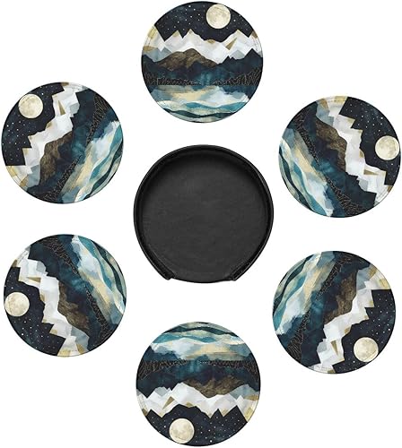 Miniatura 8 de Juego de 6 posavasos de cuero con diseño de agua de mar, diseño de arena, playa, olas y agua, con soporte, adecuado para tipos de tazas