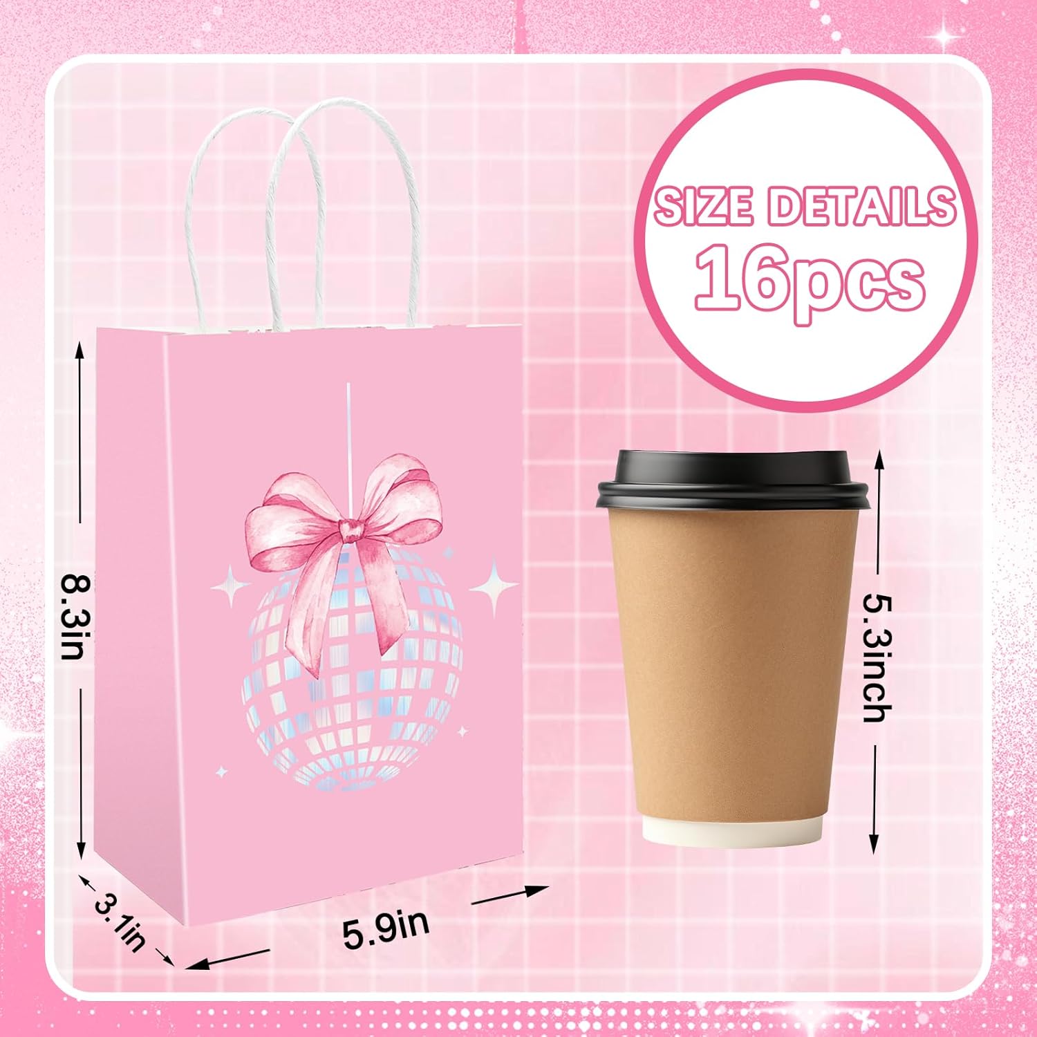 FYSUIMU 16Pcs Disco Ball Bow Paper Gift Bag Pink Laser Candy Bag with Handle Holographic Goody Treat Bags for Bachelorette Bridesmaid Party Favor Supplies, 5.9 x 8.3 x 3.1 Inch - Image 2