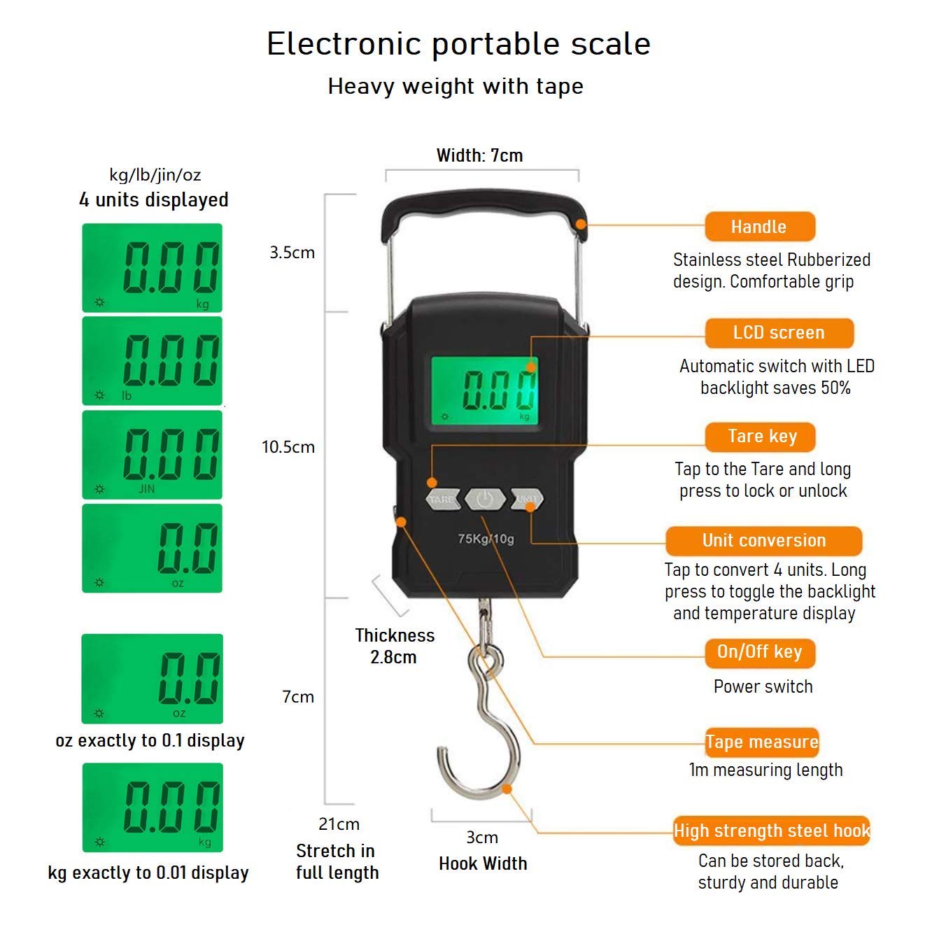 Rhorawill Waga bagażowa 165 lb/75 kg elektroniczna waga wędkarska cyfrowa wisząca waga hakowa podświetlany ekran LCD z miarką linijką, temperatura, 2 baterie AAA do polowania, podróży, kuchni